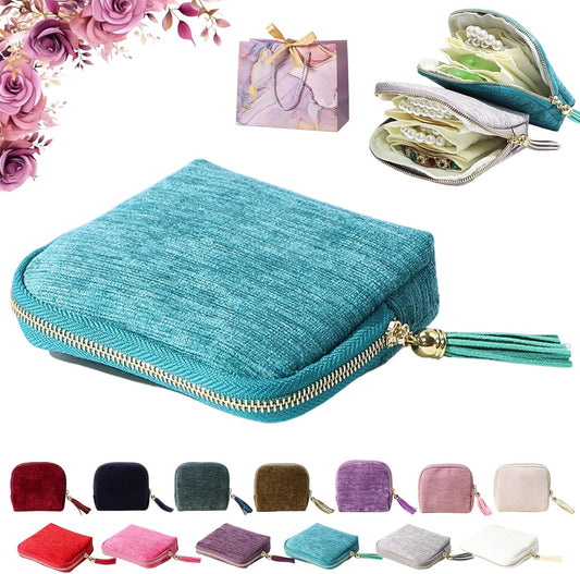 Travel Jewelry Case, Portable Jewelry Storage Bag, Compact Foldable Five Compartments Organizer Pouch with Zipper & Tassel for Earring Necklace Ring Bracelet (Blue)