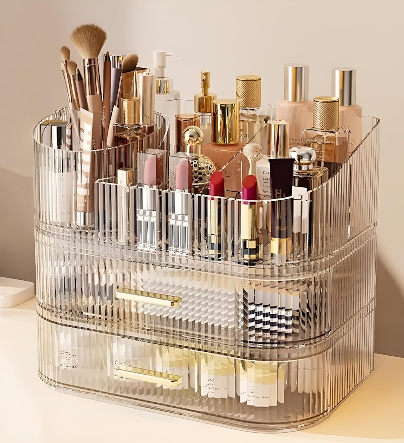 Makeup Organizer with Drawers and 360° Rotating Brush Holder, Large Capacity Cosmetic Storage for Vanity, Skincare, Perfume, Hair Accessories, Lipstick & Jewelry (Clear, 3-layer)