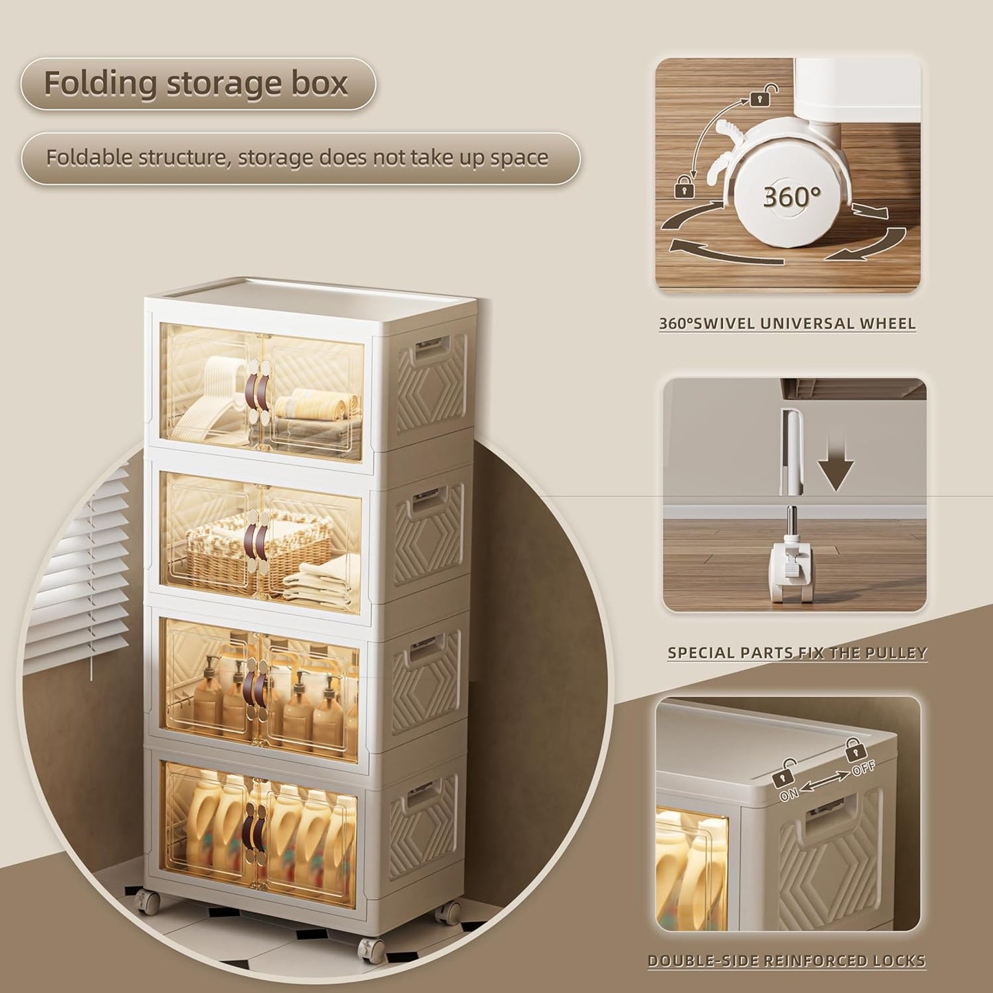 144 QT / 36 Gal Stackable Storage Bins (1 Lid) w/Wheels & Magnetic Doors, Collapsible Plastic Organizer Cabinet for Closet Office Garage - White Storage Containers