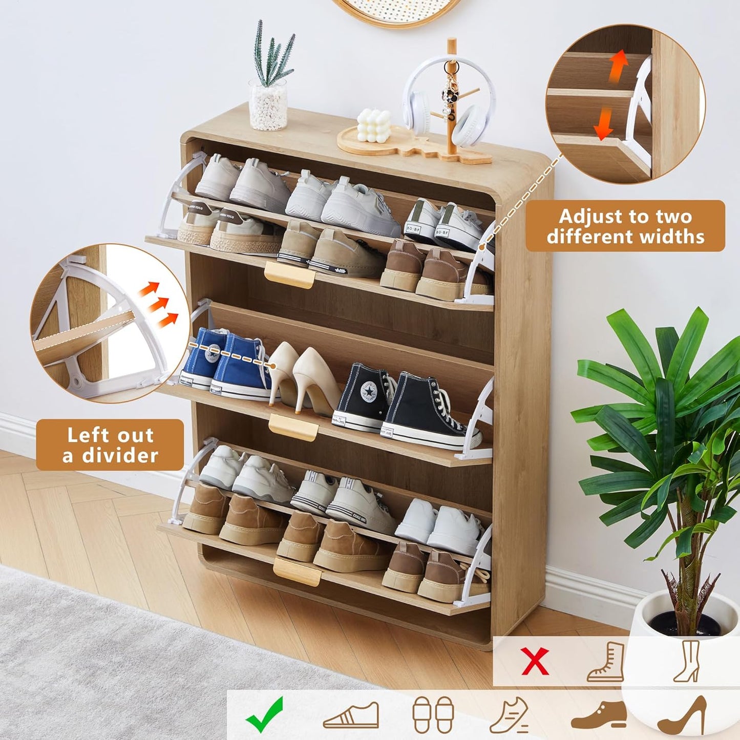 Hidden Shoe Cabinet with Drawer, Free Standing Narrow Shoe Rack Cabinet for Entryway Slim, 3 Flip Drawer Shoe Storage Organizer Cabinet for Entry,Hallway,Door,Dorm,Small Spaces - Natural