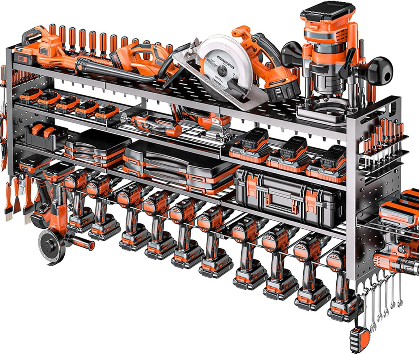 49.8" W Large Power Tool Organizer Wall Mount, Heavy Duty Tool Organizer with 14 cordless Drill Holder, 4 Layers Garage Organization and Storage Rack, Tool Rack for Garage Workshop, Black