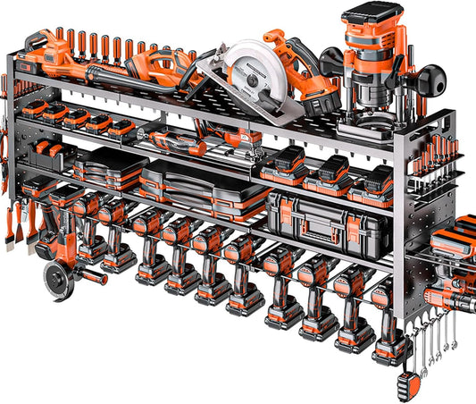 49.8" W Large Power Tool Organizer Wall Mount, Heavy Duty Tool Organizer with 14 cordless Drill Holder, 4 Layers Garage Organization and Storage Rack, Tool Rack for Garage Workshop, Black