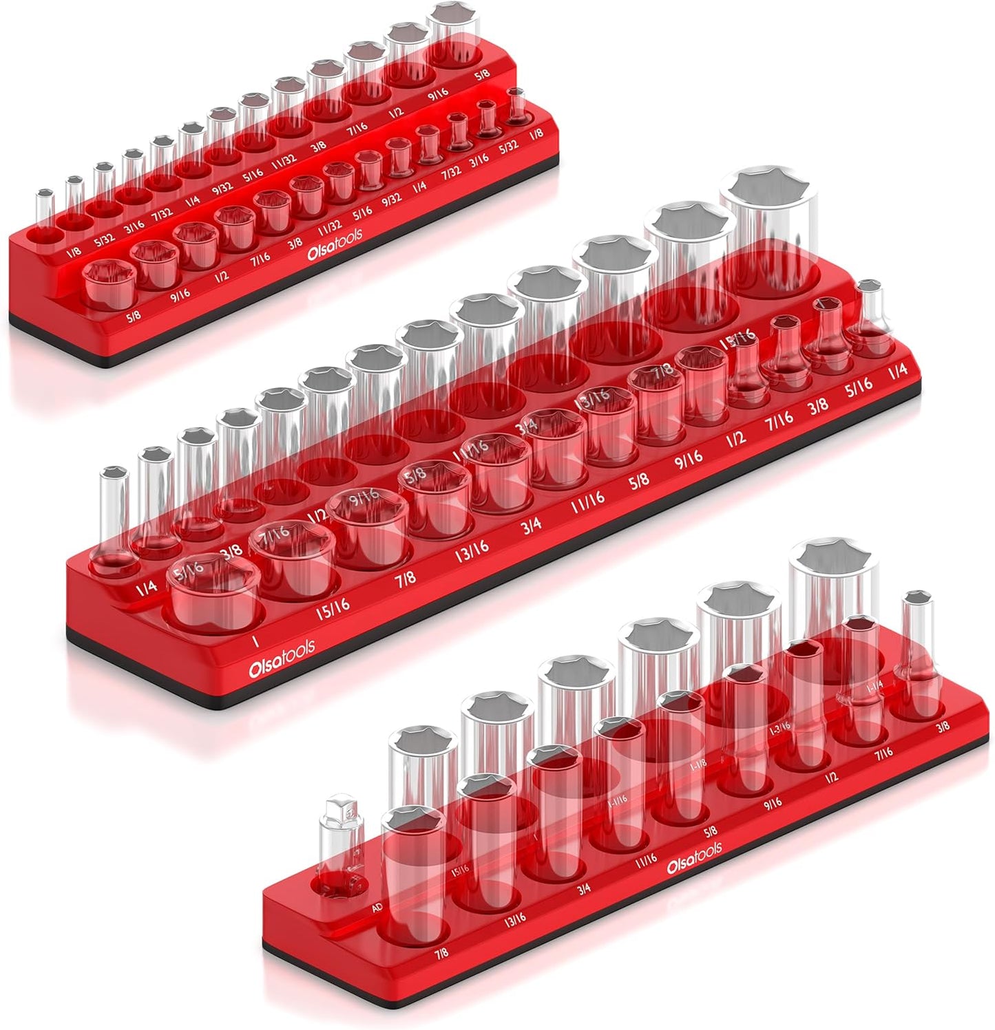 Olsa Tools Magnetic Socket Organizers | 3 Piece Set Socket Holder Kit | 1/2-Inch, 3/8-Inch, & 1/4-Inch Drive | SAE Red | Holds 68 Sockets | Professional Quality Tools Organizer Part 1150
