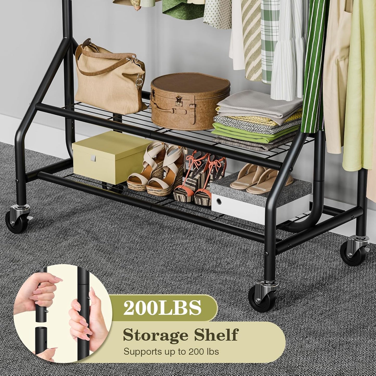 Clothes Rack with 2 Shelves, Heavy Duty Garment Rack Load 450 LBS, Standing Rolling Metal Hanging Clothes with Sturdy Wheels & Shelves