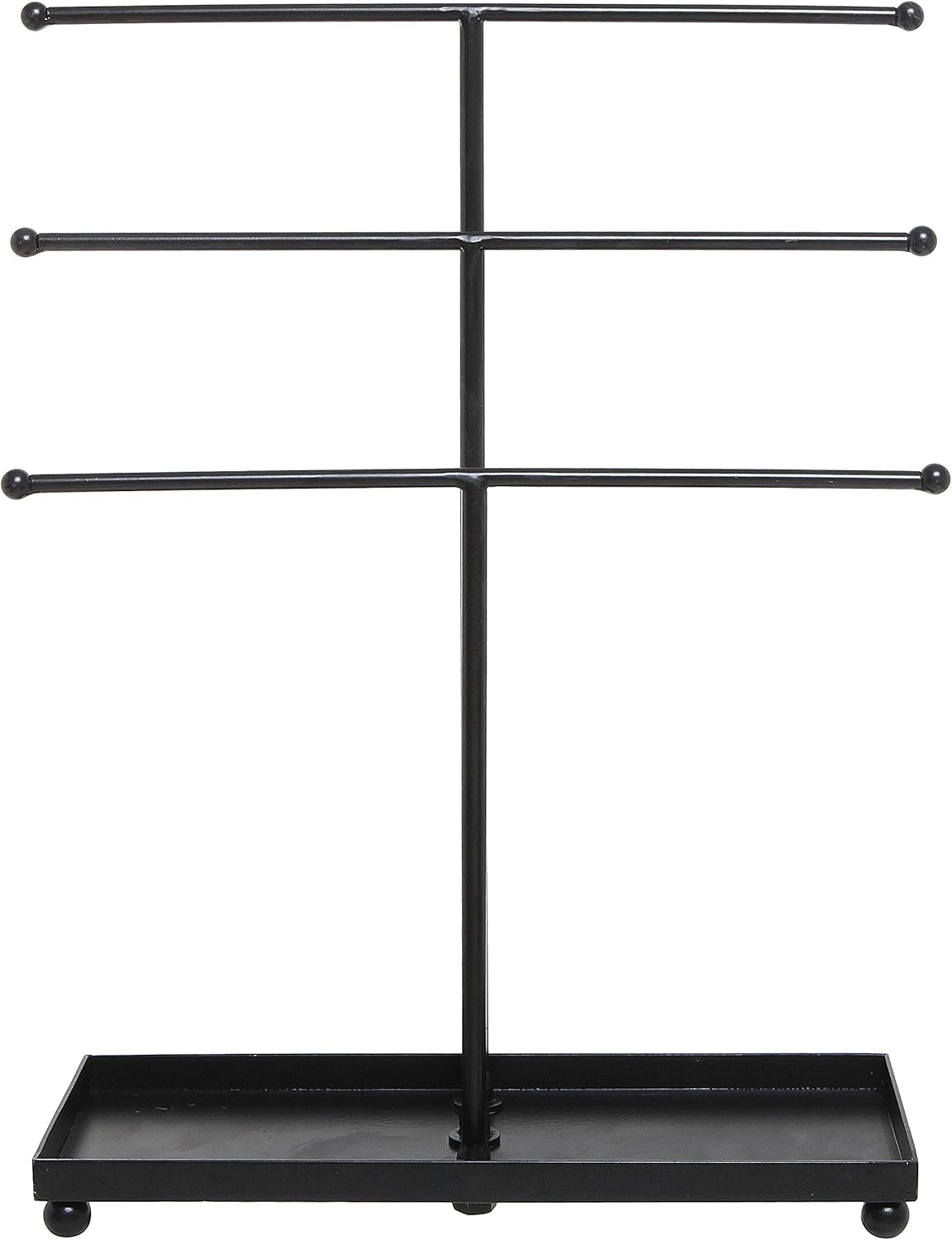 MyGift Modern Jewelry Organizer, 3 Tier Black Metal Tabletop Bracelet and Necklace Jewelry Storage Display Tree Rack with Base Ring Tray
