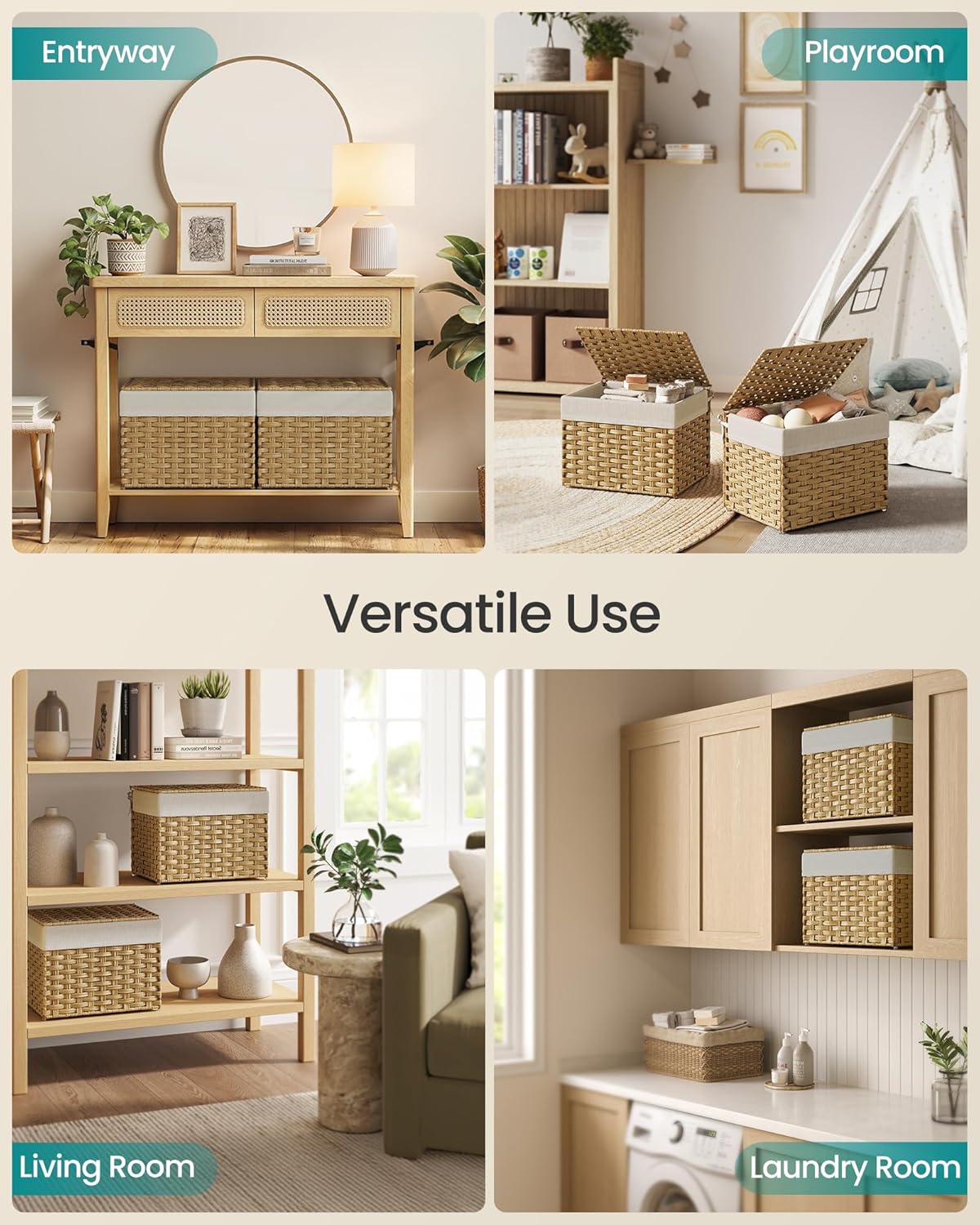 SONGMICS Storage Basket with Lid, Woven Blanket Storage Bin with Handles, Foldable, Removable Liner, Metal Frame, for Bedroom, Laundry Room, 9.2 Gallons (35 L), Natural URST040YE01