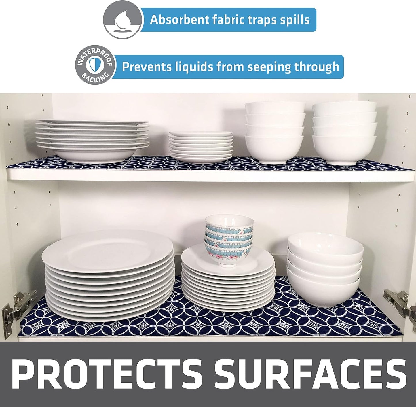 Drymate Premium Luxury Shelf & Drawer Liner, Thick Cushioned Fabric, Non-Adhesive, Absorbent, Waterproof, Slip-Resistant, Liners for Kitchen Cabinets, Cupboards (USA Made)(12”x59”)(24-Pack)(Indigo)