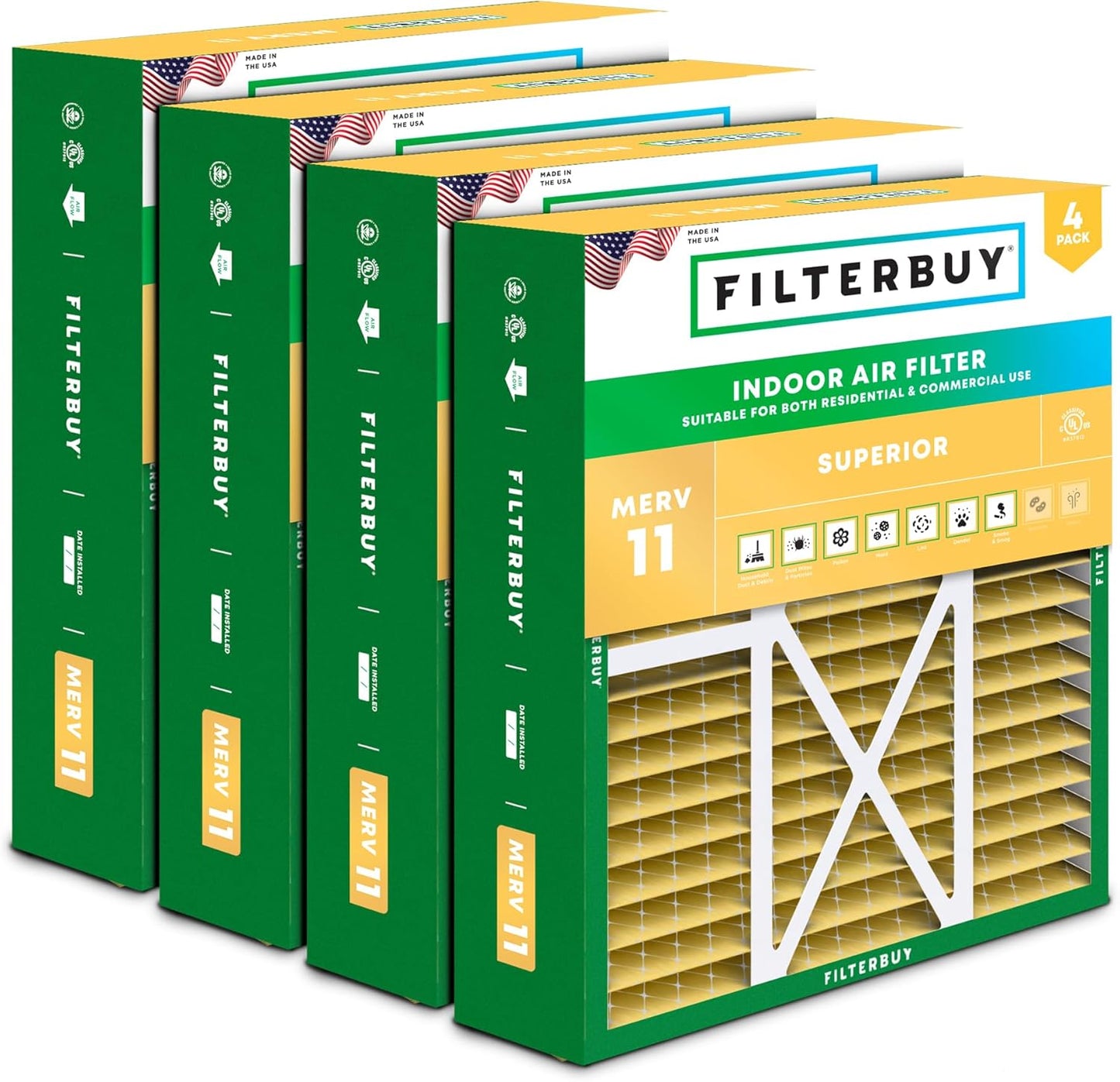 Filterbuy 20x22x5 Air Filter MERV 11 Superior Pet & Allergy Defense (4-Pack), Pleated HVAC AC Furnace Filters for Amana, Goodman, Nordyne, and Five Seasons (Actual Size: 19.50 x 21.94 x 5.25)