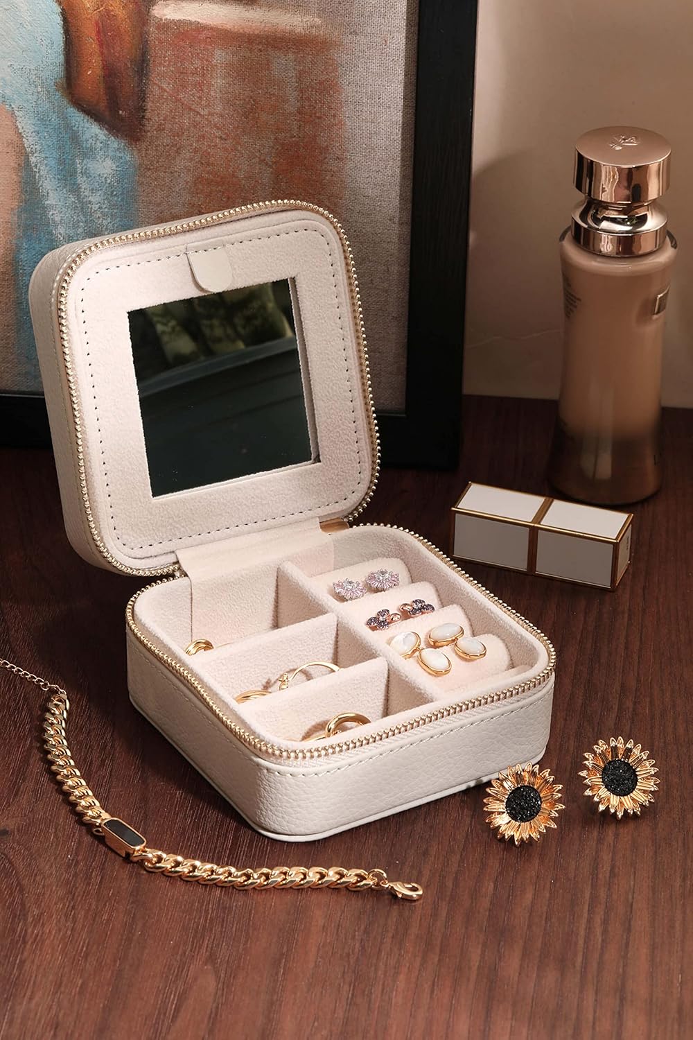 S.Leaf Travel Jewelry Organizer Boxes for Women Small Portable Necklace Earrings Bracelet Rings Travel Case Best Friend Birthday Gifts for Women Trendy (03_Lychee_Beige)