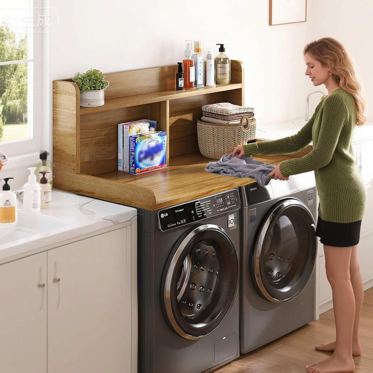 2-Tier Washer Dryer Countertop, 18.5" Raised Height Laundry Countertop with Edge Rails and Non-Slip Pad, 54"W x 27.55"D Washer and Dryer Topper for Laundry Room Storage Organization (Pure Wood Color)