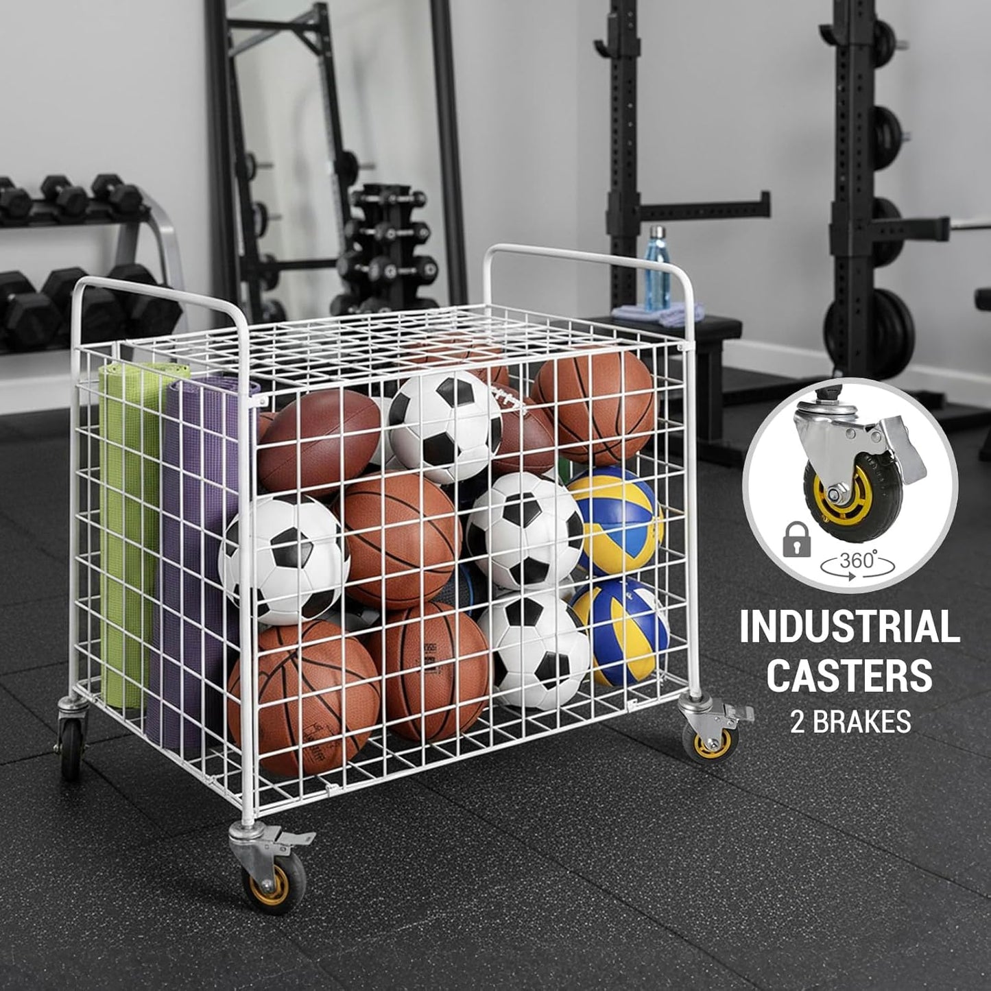 MyGift Professional Gym Metal Multi Sports Ball Storage Cart with Jumbo Industrial Wheels, Commercial Grade Portable Equipment Locker Cage for Basketball, Football, Soccer, Volleyball