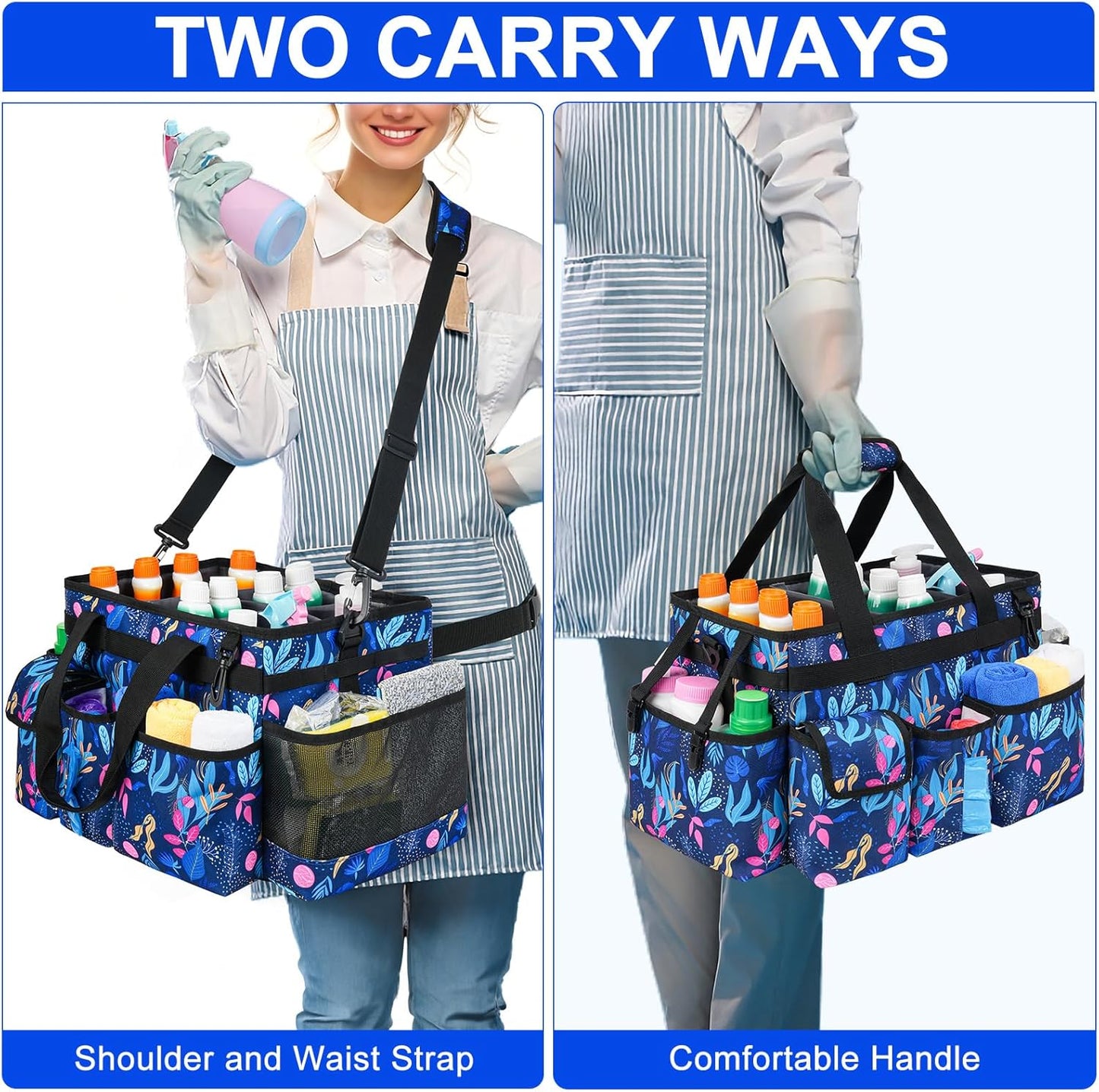 Cleaning Organizer, Large Caddy Bag for Supplies, Housekeeper's Bag with Handle (Blue Leaf)