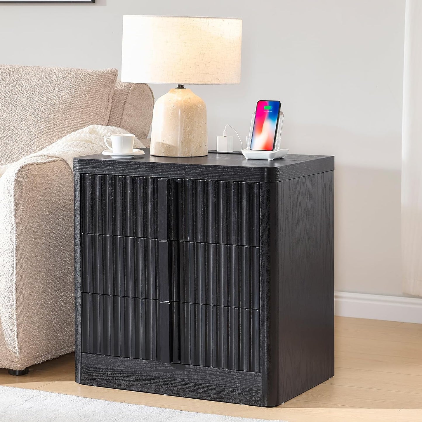 23.6" Nightstand Set of 2 with Charging Station, Side Table with 3 Storage Drawers, Mid Century Modern Night Stand with Solid Wood Handle, Bedside End Table for Bedroom, Living Room, Black