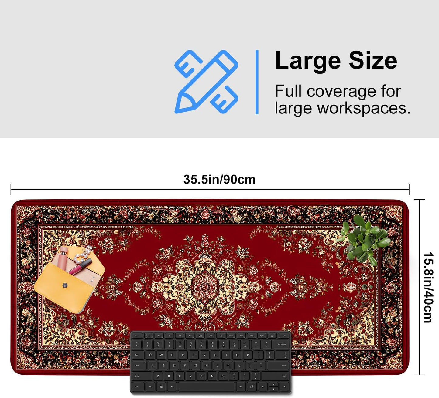 Red Vintage Persian Rug Mouse Pad – Large Extended Desk Mat 35.43 x 15.75 in – Oriental Carpet Design, Non-Slip Rubber Base, Waterproof Surface, Keyboard & Mouse Pad for Office, Gaming, Home