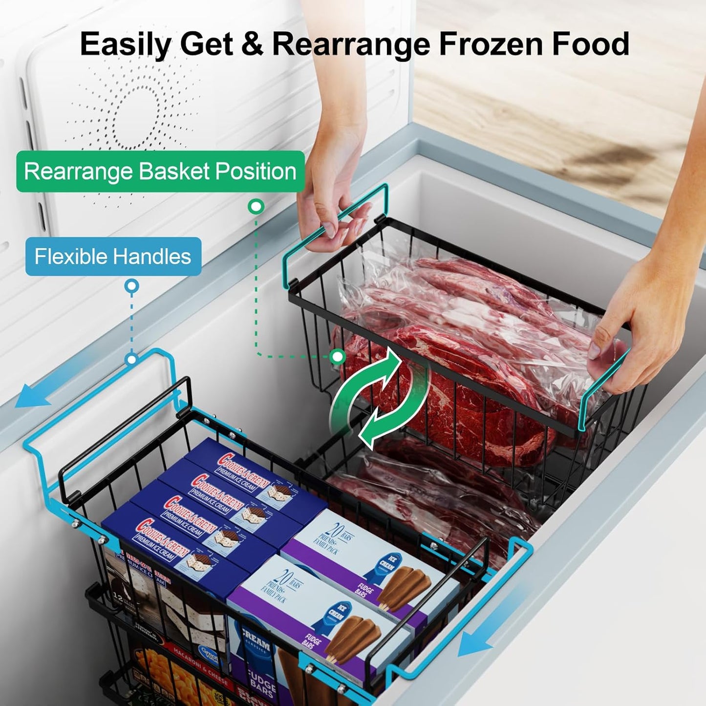 iSPECLE Freezer Organizer Bins - 3 Pcs Small Stackable Baskets & 1 Pcs Hanging Deep Freezer Organizer Bins for 7 Cu.Ft Chest Freezer Easily Gets Bottom Food, Adds Space to Store More Food, Black