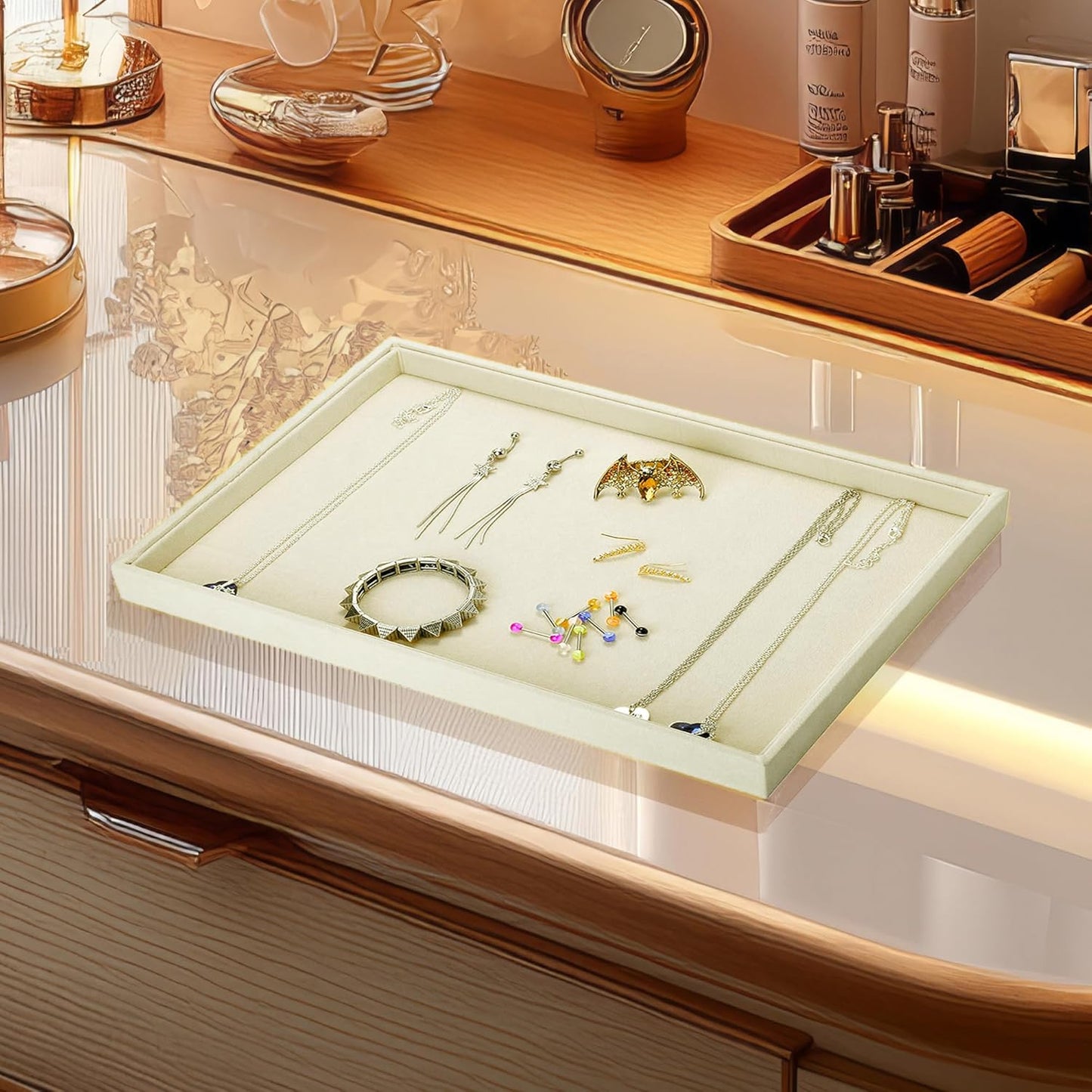 Mornajina 13.8" x 9.5" Velvet Jewelry Tray Jewelry Display Tray, Stackable Empty Plate Trays for Earrings Necklaces Bracelet Rings Display Showcase - Light Khaki