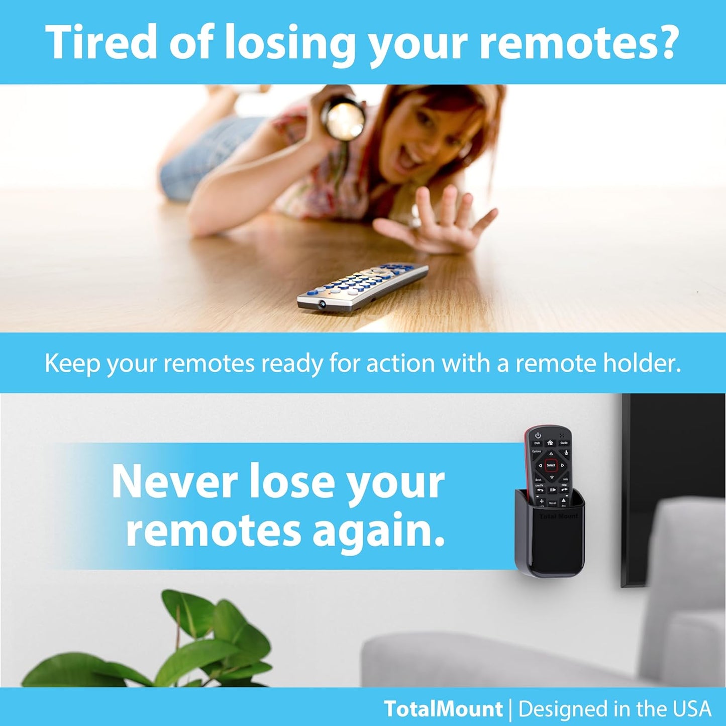 TotalMount Universal Remote Control Holders (2 Pack) – Attach to Wall or Back of TV – Compatible with All TV Remotes (Premium Black, Medium)