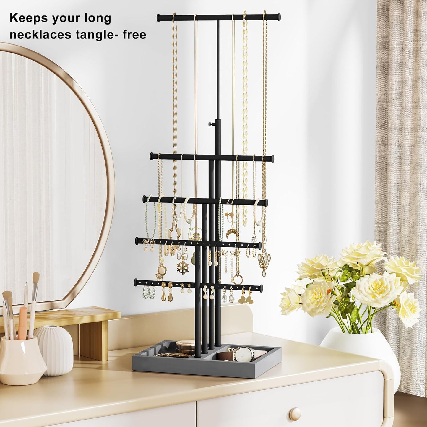 Love-KANKEI Jewelry Organizer Stand, 5 Tier Large Necklace Holder with Wood Base, Jewelry holder stand Tree for Display, Bracelets Earrings Rings, Height Adjustable Gift Weathered Grey