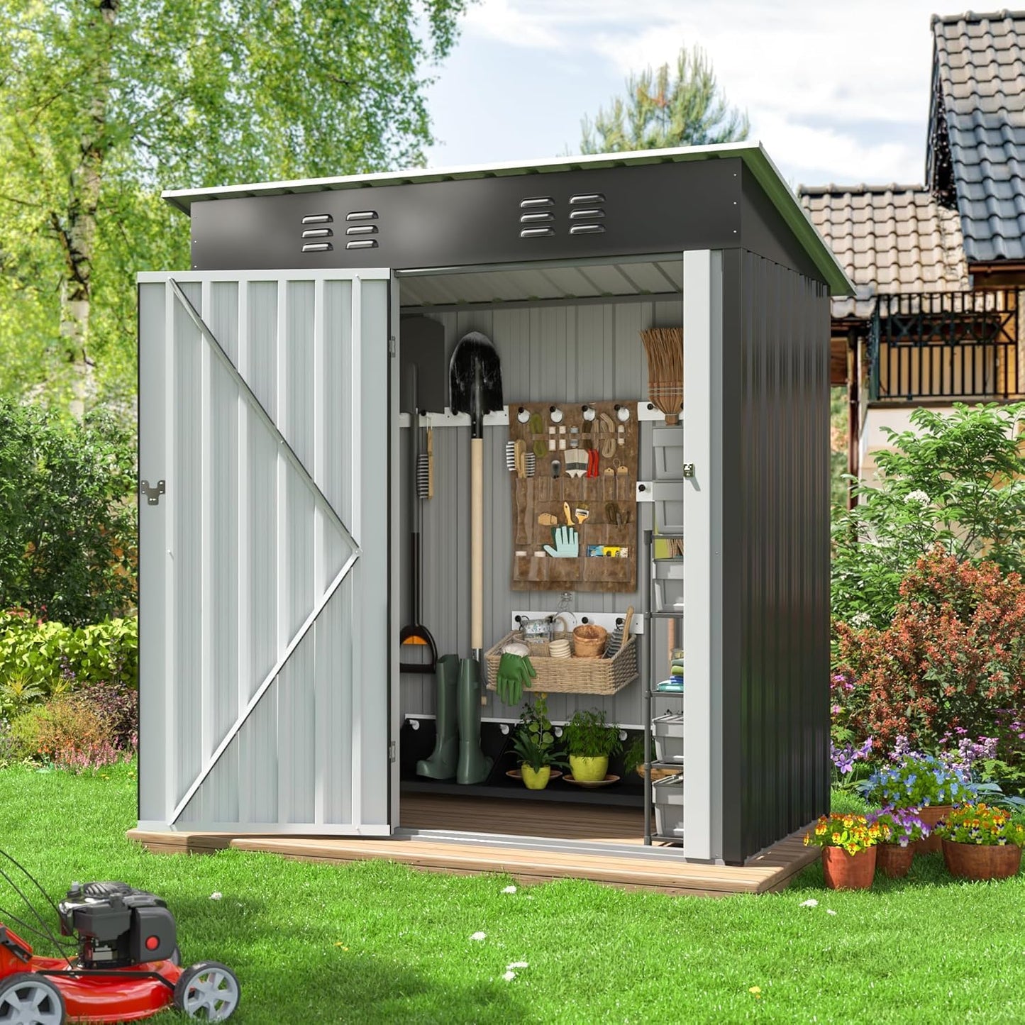 Polar Aurora Outdoor Storage Shed, Metal Garden Shed with with Updated Frame Structure, Tool Sheds for Backyard Garden Patio Lawn (Black, 5x3 FT)