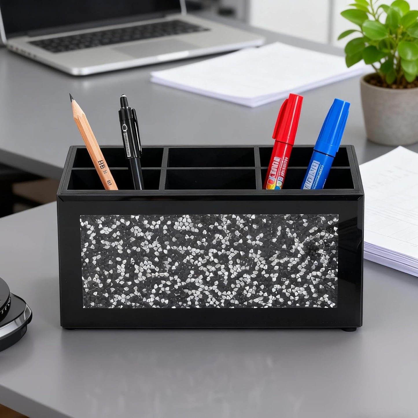 SHYFOY Remote Control Holder with 6 Compartments, Black Glass Desktop Organizer, Crystal Detail Design, 4.3x8.3x4 Inches, Multi-Purpose Storage Caddy for TV Remotes and Office Supplies