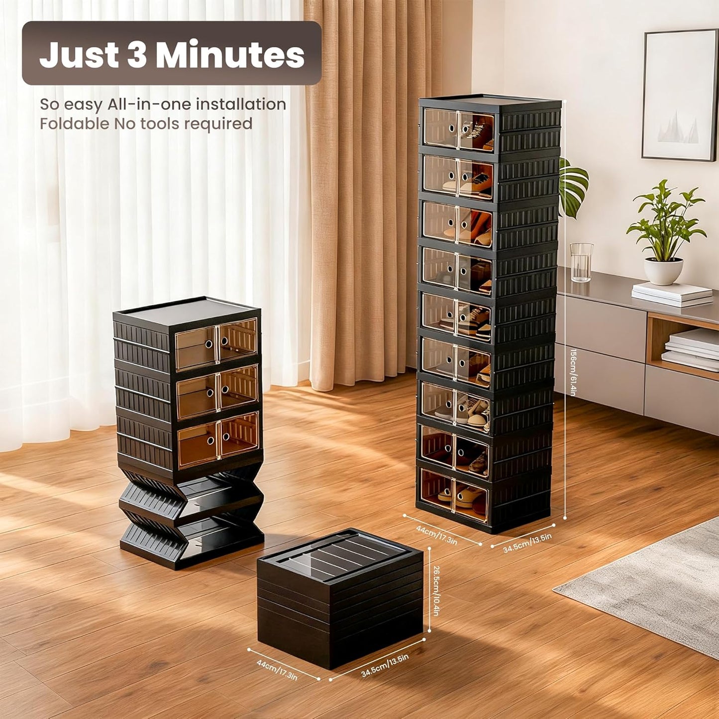 Foldable Shoe Organizer Storage Box, Portable Extra Large Folding Shoe Rack for Closet, Shoe Storage Box with Magnetic Transparent Door and Wheels, 9 Layers 18 Grids