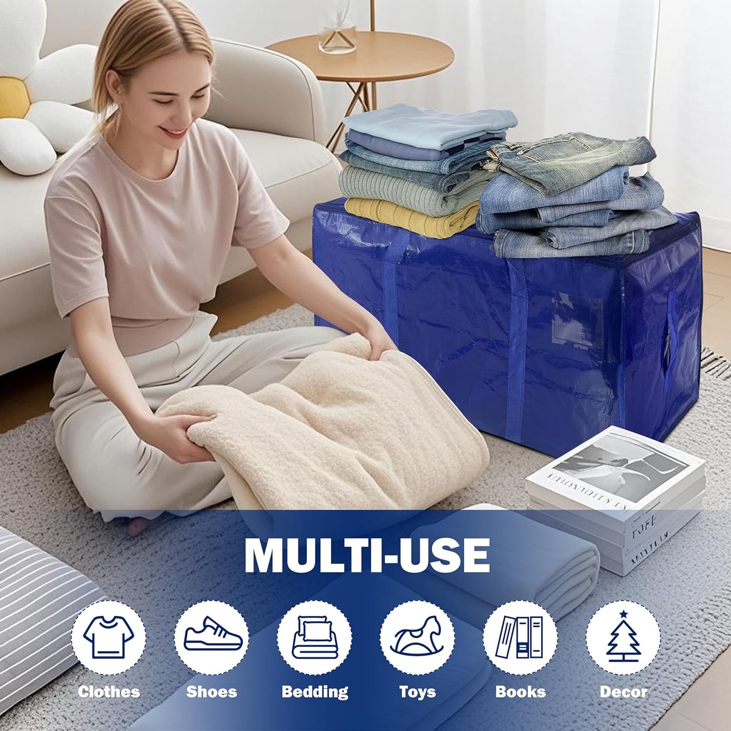 8 Pack Extra Heavy Duty Large Moving Bags with Strong Zipper & Carrying Handles, Sturdy Clothes Storage Bags Totes Bins, Packing Bag Move Boxes College Moving Supplies, Dark Blue - 24 gal
