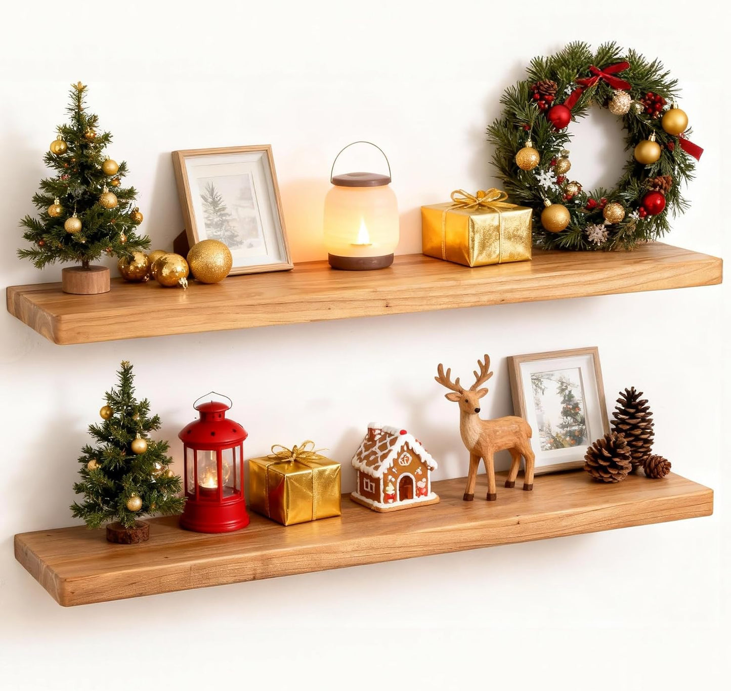Floating Shelves 30" W x 8" D, Solid Elm Wood Shelves for Wall, 8 Inch Deep Floating Shelves for Home Storage & Display, Rustic Wooden Bathroom Shelves 30 Inch Long, Set of 2, Heavy-Duty Bookshelf