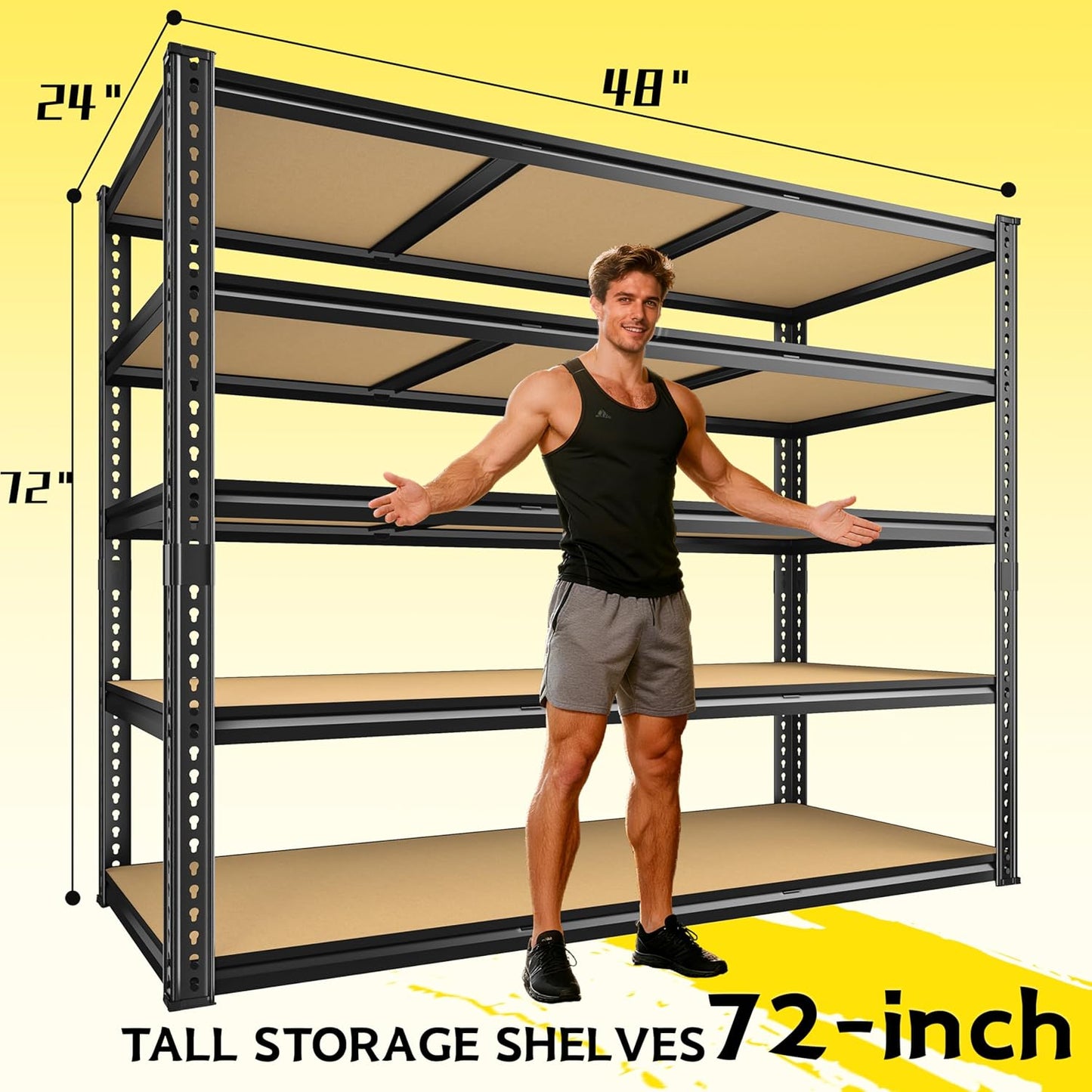 48" W Garage Shelving Heavy Duty 3200LBS Garage Storage Shelving, 5 Tier Adjustable Metal Shelving Unit Utility Rack Shelf for Warehouse, Pantry, Closet, Kitchen 72" H x 48" W x 24" D, Black,2PCS