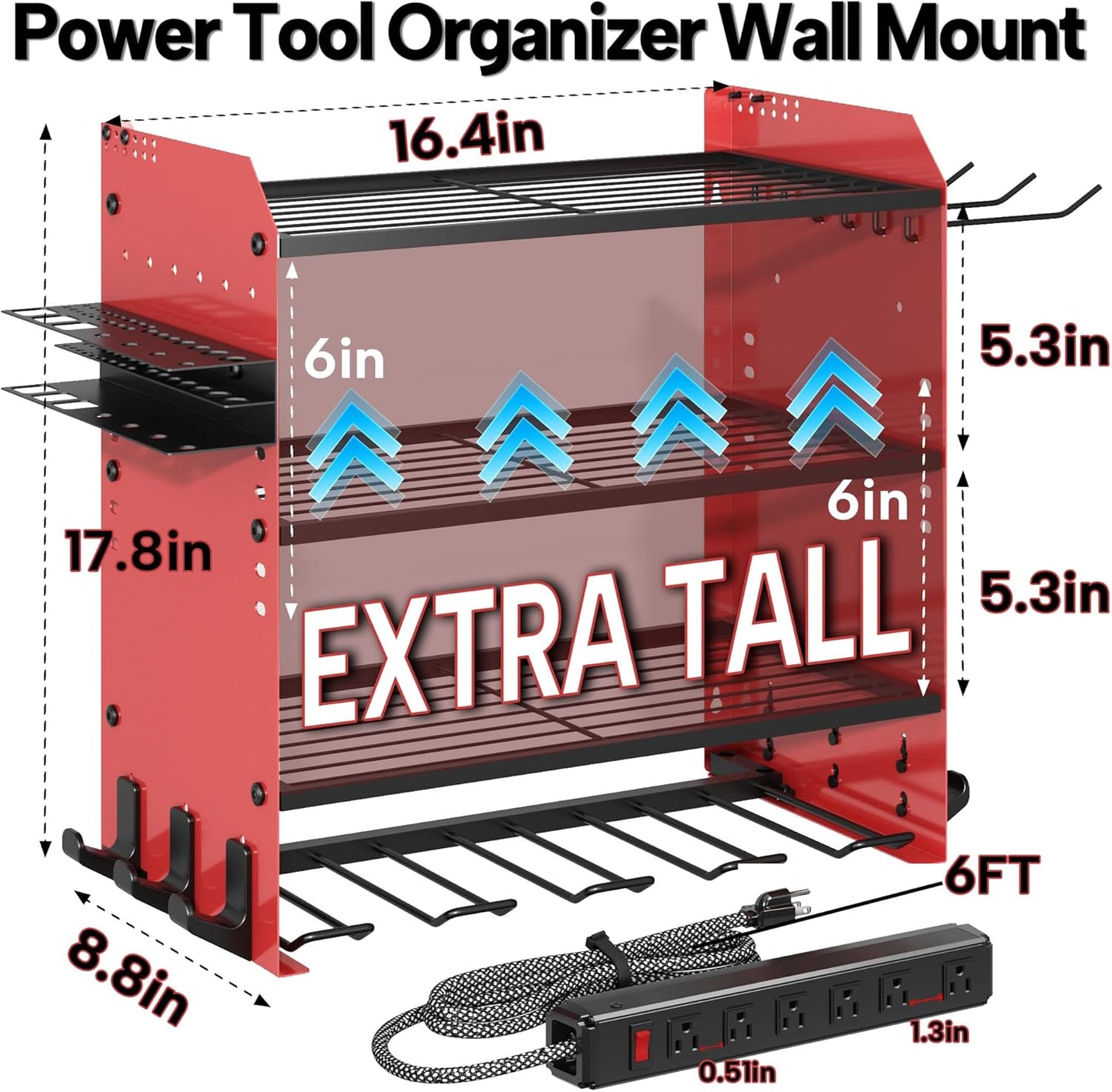 4 Layer Heavy Duty Power Tool Organizer Wall Mount with Charging Station, Adjustable Metal Storage Rack, 6 Outlets Power Strip, Drill Holders, Hooks & Drill Bit Rack for Garage, Workshop, Red