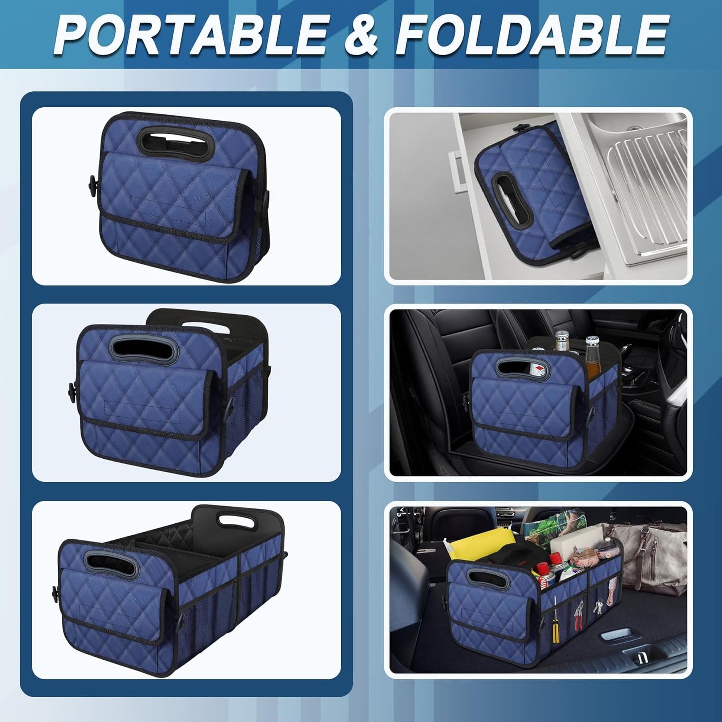 Deosk Car Trunk Organizer for SUV, Car Organizers and Storage with 6 Pocket, Car Accessories for Women/Men 50L Waterproof Polyester Trunk Organizer(Medium, Dark Blue)