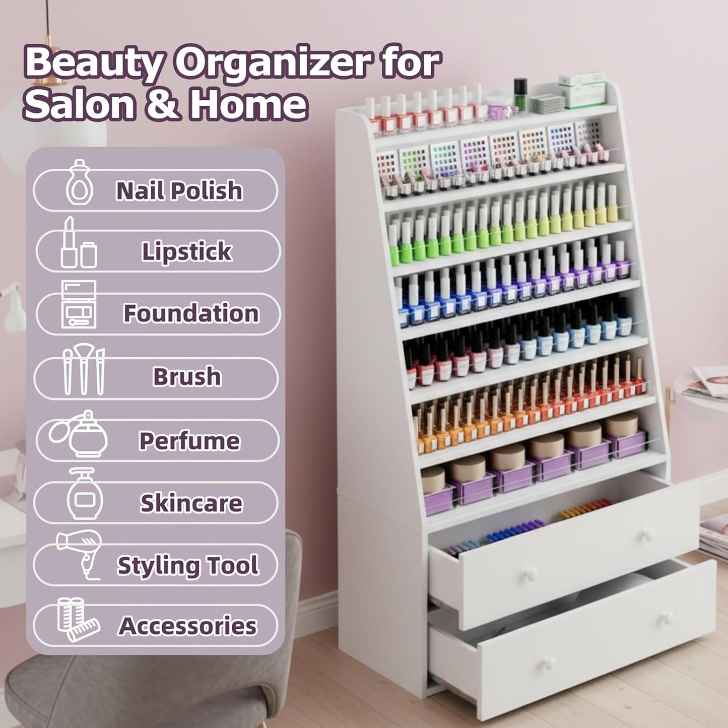 Nail Polish Rack with 2 Drawers, Salon Display & Storage Cabinet with Acrylic Baffle, Holds 700+ Bottles of Polishes, Essential Oils & Perfumes, Suitable for Nail Salon & Beauty Store, White