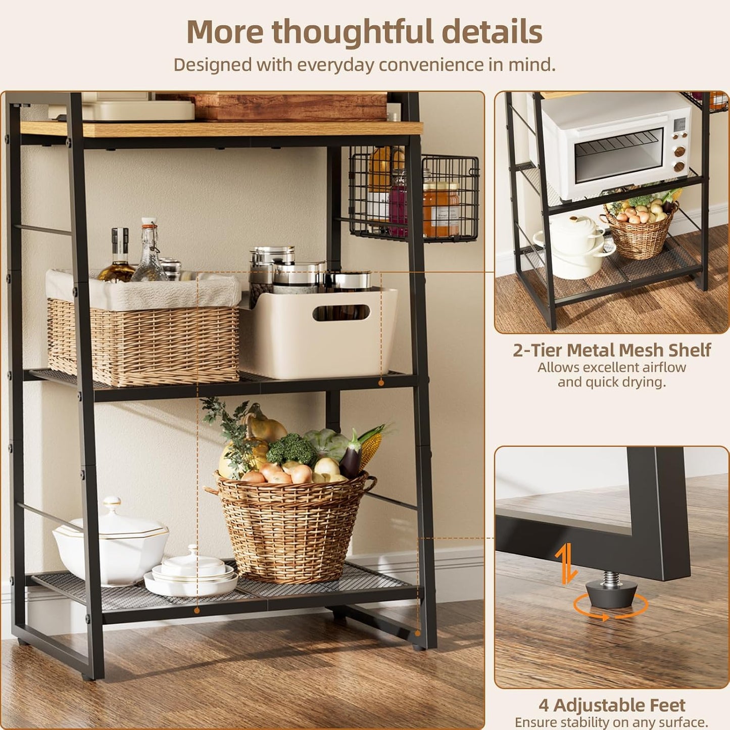 Bakers Rack with Foldable Basket, Large 4 Tiers Coffee Bar Station, Kitchen Microwave Stand with Storage, Metal Shelf Rack for Living Room, Office, Garage (Rustic Brown)