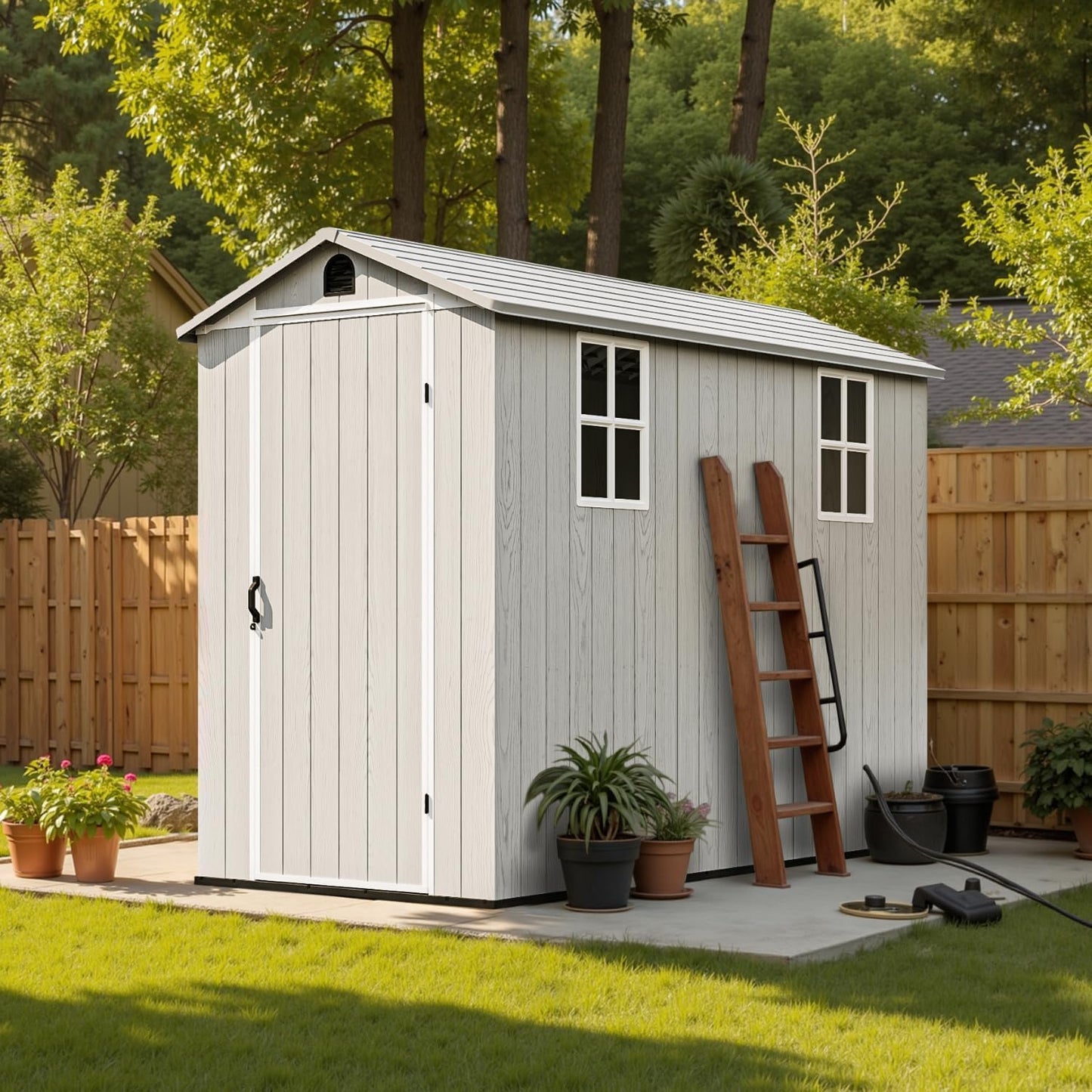 Patiowell 4x8 FT Outdoor Storage Shed with Floor & 2 Windows, Large Plastic Garden Shed with Lockable Door for Backyard, Patio, and Lawn, White (Fit-it Shed)