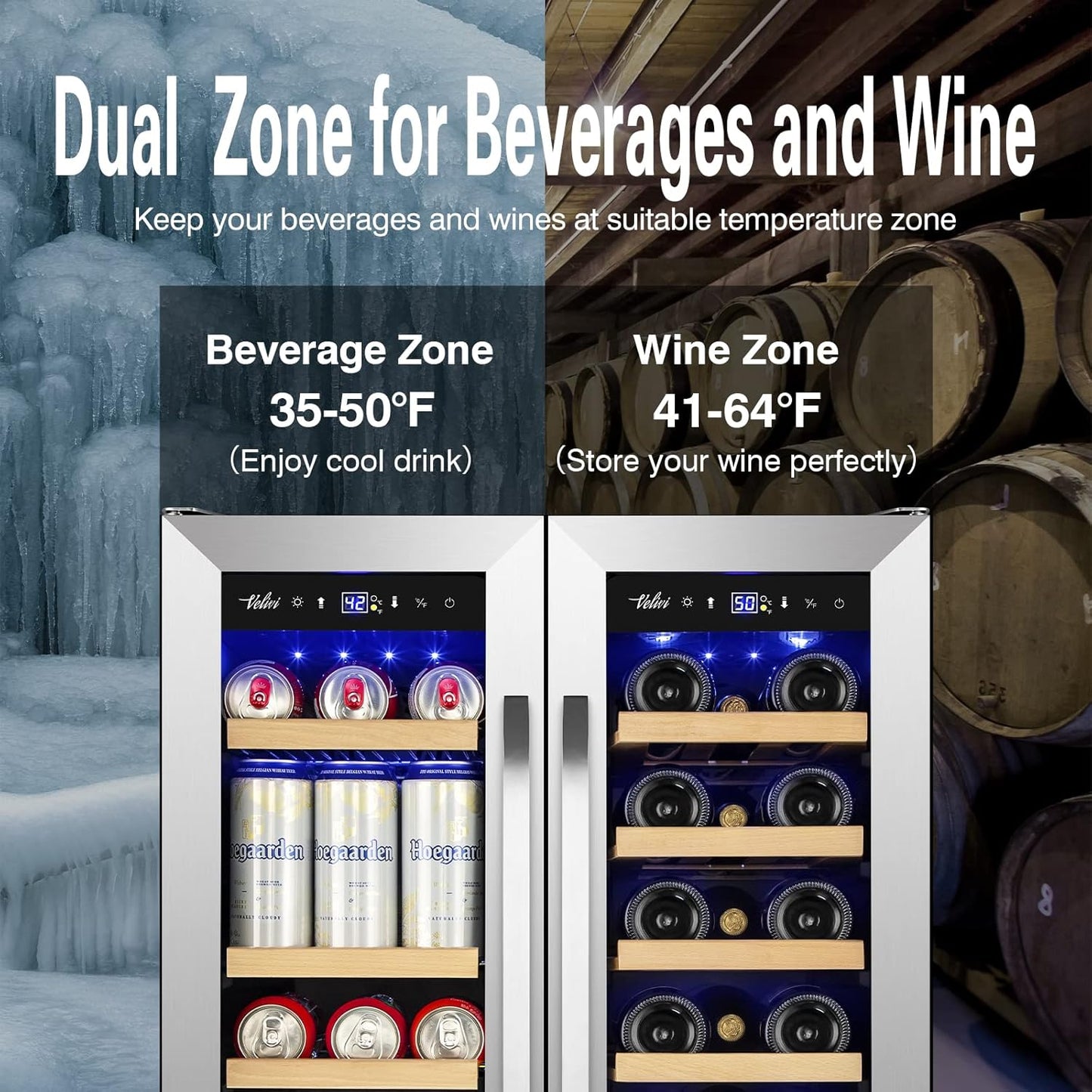 24-Inch Dual Zone Wine and Beverage Refrigerator with Glass Door & Lock- Freestanding/Under Counter Wine Cooler with Large Capacity Drink Fridge for Beer Soda, Fast Cooling