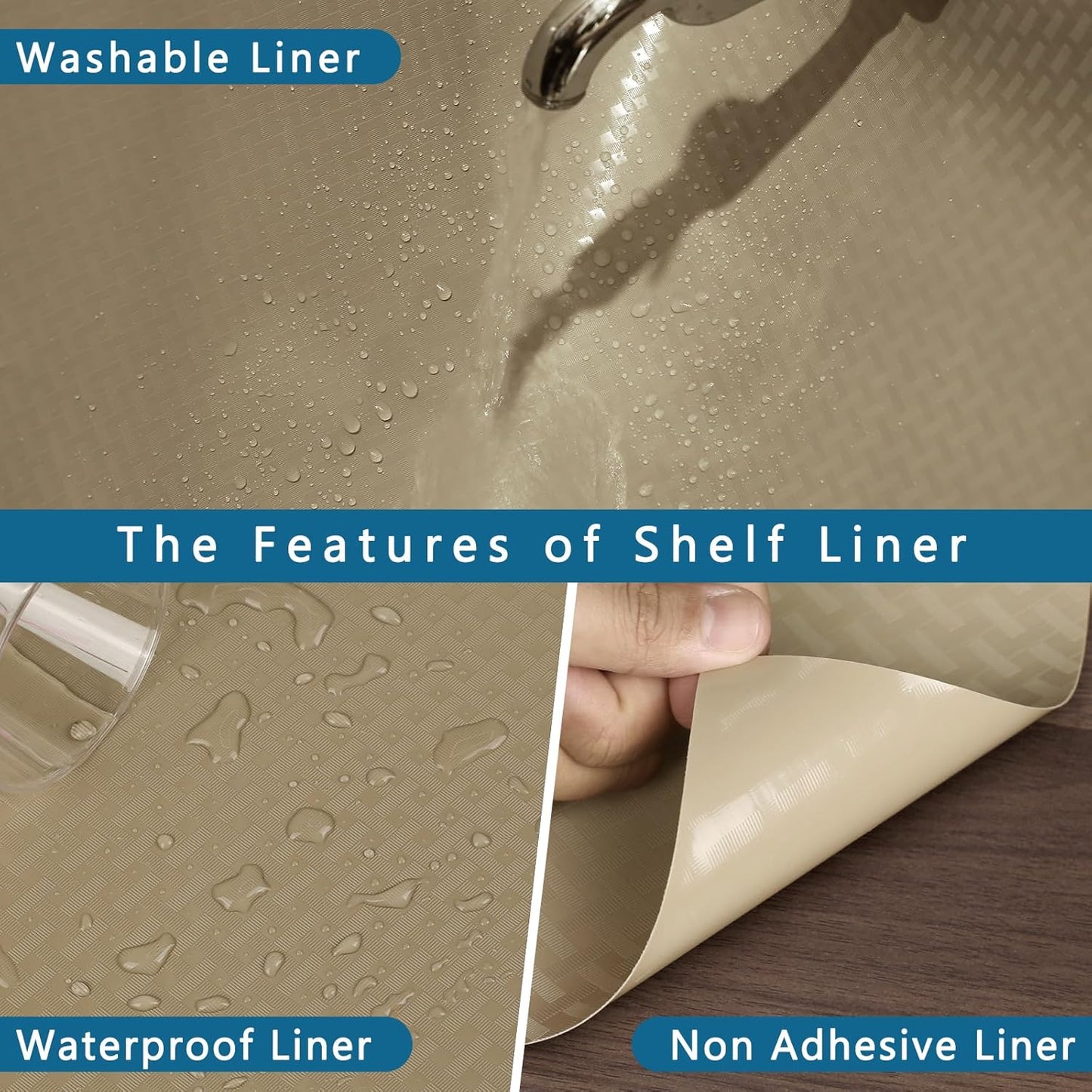 HooTown Kitchen Shelf Liner Drawer Liners, 23.6"W x 196.8"L Non-Adhesive Cabinet Cupboard Liners Refrigerator Waterproof Fridge Mat with Durable Kitchen Cabinet Mat for Drawers, Shelves, Pantry, Khaki