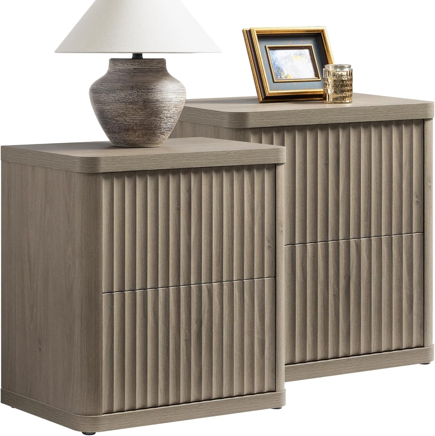 SICOTAS Night Stand Set of 2 Nightstands with 2 Drawers Storage Bedside Table Large Fluted Bed Side End Table Modern 24.4" Tall Wide Night Stands for Bedroom Living Room Sofa Couch Office, Grey Alder