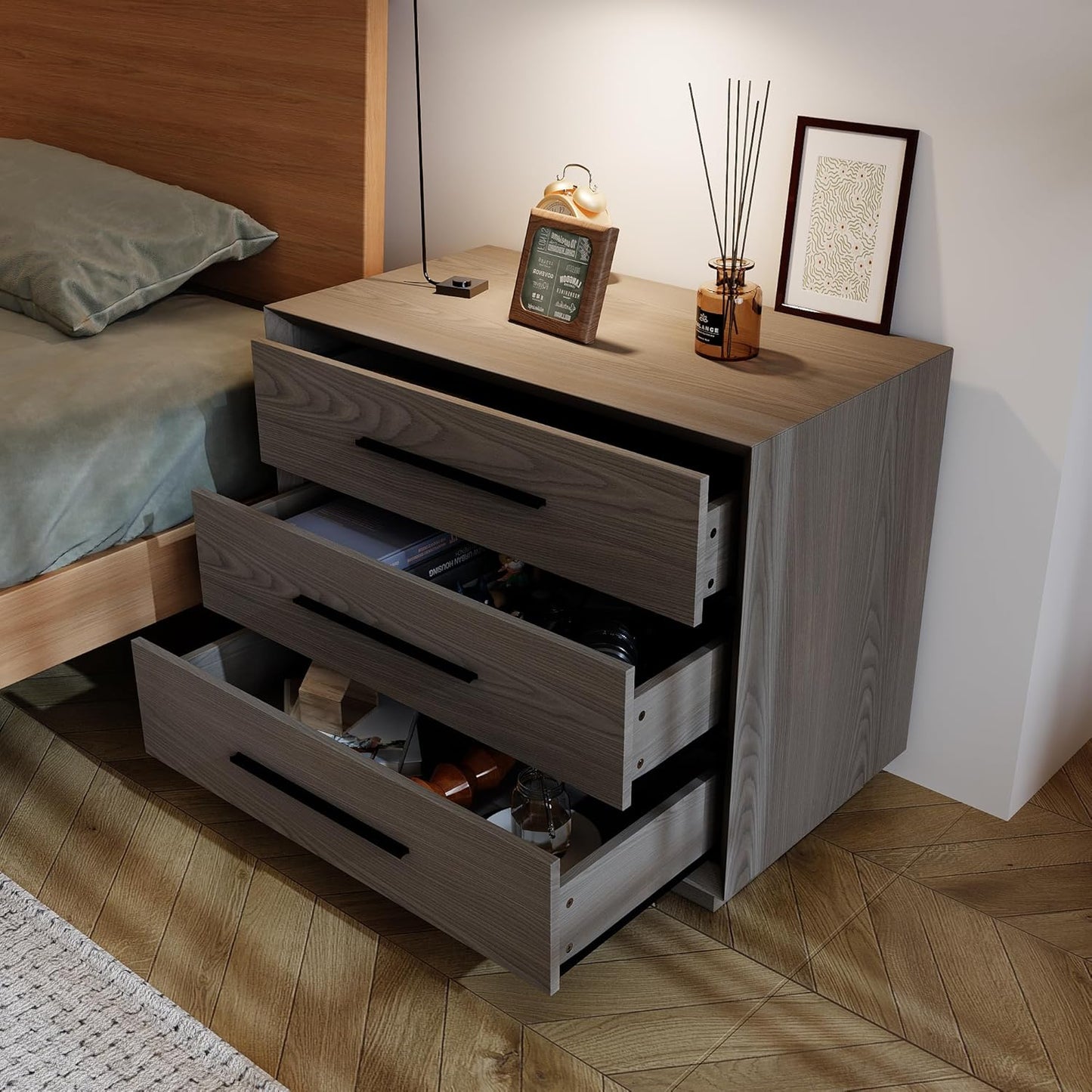 Bedside Table with 3 Drawers, Modern Side Table, Small Nightstand, Wooden Bed Side Tables, Wood Grain Floor Storage Organizer with Metal Handles for Sofa Couch Bedroom, Dark Brown