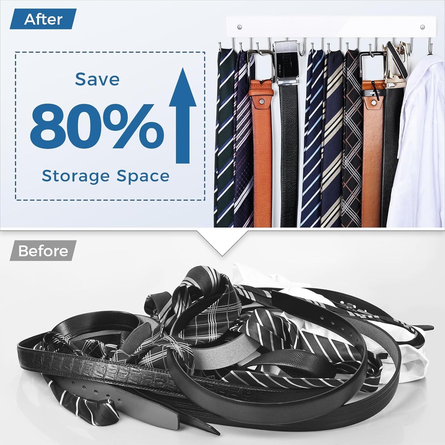 Belt Hanger Wall Mounted, Wooden Belt Organizer Max 12 Storage Capacity, 180° Rotating Space Saving Hangers for Ties, Tank Tops, Scarves, Bras, Keys, Bags White 1 Pack