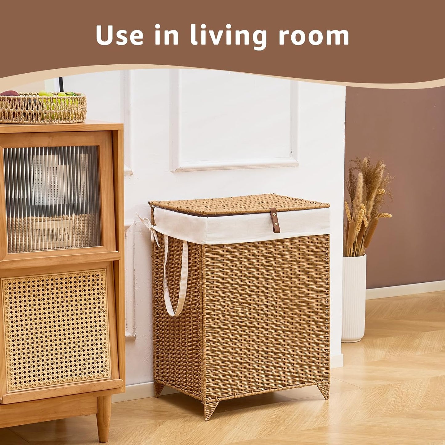 Laundry Hamper with Lid and Removable Liner Bag, Handwoven Rattan Clothes Hamper with Heightened Feet, Wicker Laundry Basket for Clothes and Towels，Middle