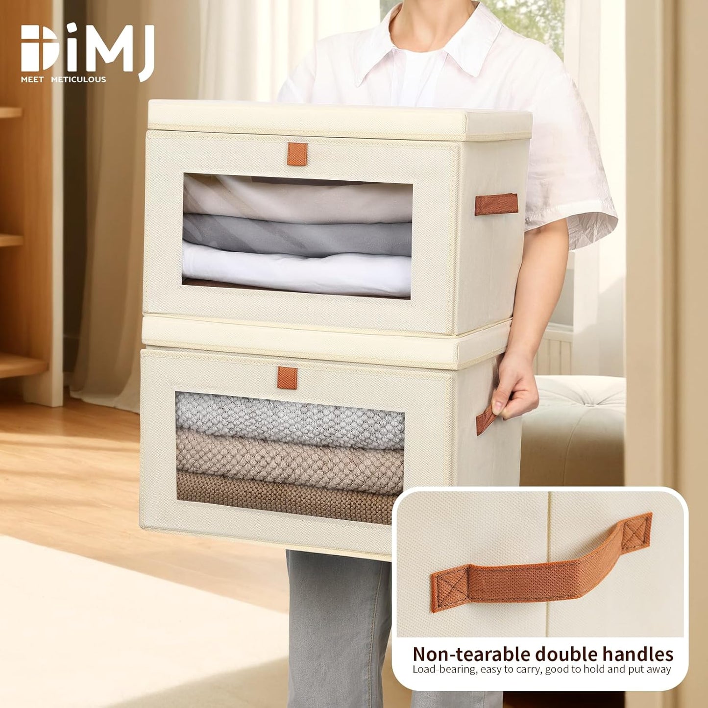 DIMJ Storage Bins with Lids - 4 Pack Large Fabric Closet Organizer with Window & Handles, Collapsible Decorative Storage Boxes for Shelves Under Bed, Books Clothes Blankets Sweaters Organization