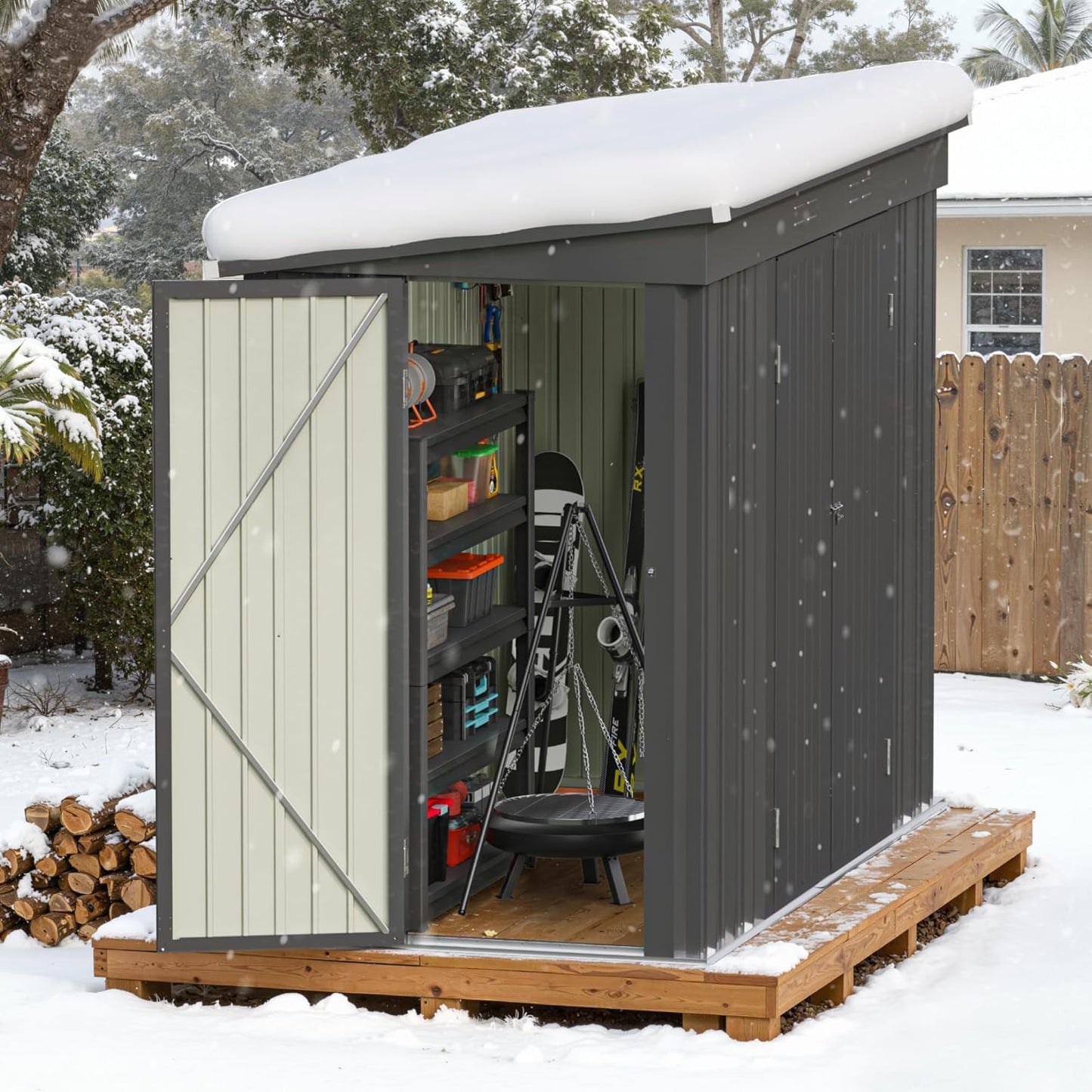 Greesum 8x4FT Outdoor Storage Shed, Metal Shed with Triple Lockable Door, Utility Tool Storaged Garden Shed with Slopping Roof for Patio Storage, Black
