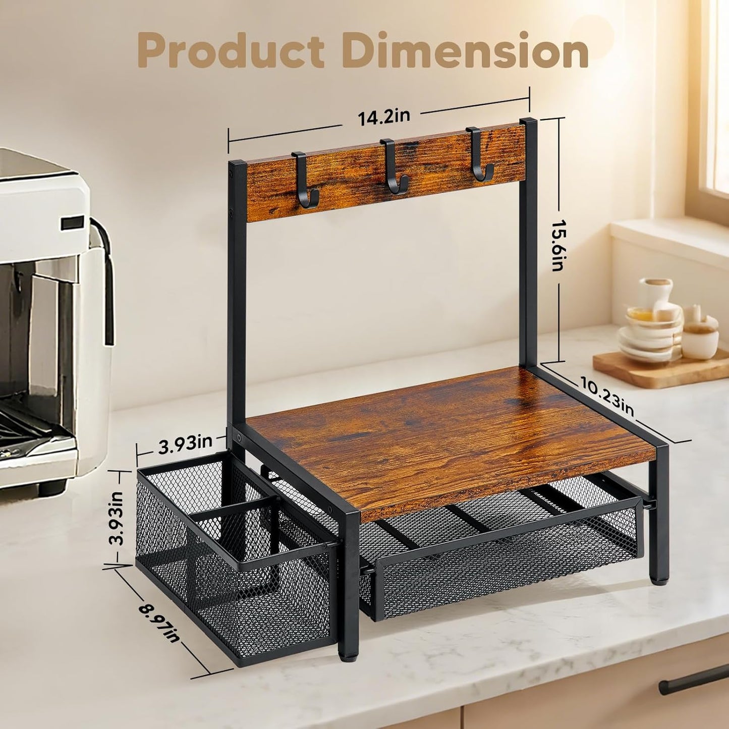 Tea Bag Organizer, Wood Tea Organizer and Storage Cheast, Tea Bag Holder with Storage Drawer, 4 Hooks for Tea Cups Holder, Tea Station Chest Display Container Box for Countertop Kitchen
