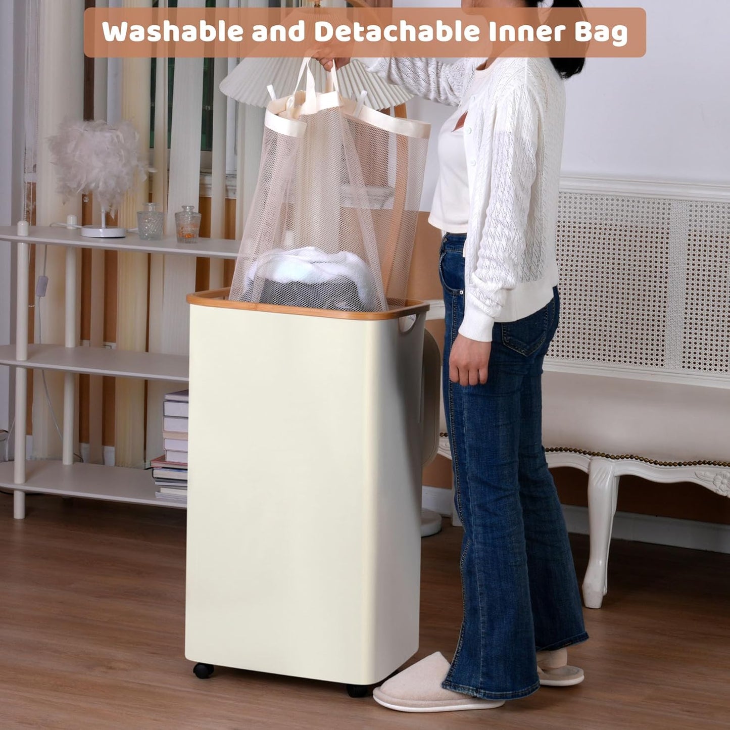Laundry Basket with Wheels, 110L Beige Clothes Hamper for Laundry, Laundry Hamper with Lid and Inner Bag, for Laundry Room, Bedroom, Dormitory Storage,Beige
