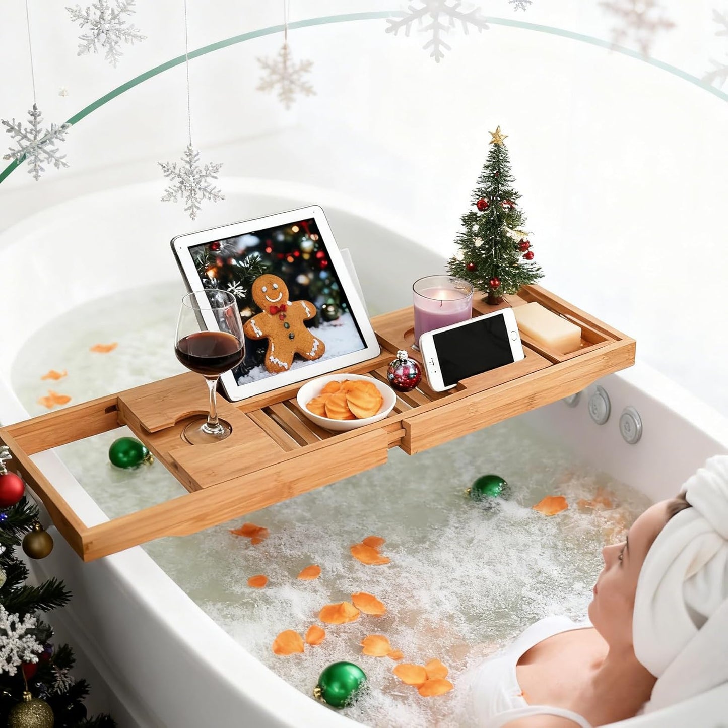 Utoplike Bamboo Bathtub Caddy Tray Bath Tray for Tub, Adjustable Bathroom Bathtub Organizer with Book Tablet Wine Glass Cup Towel Holder