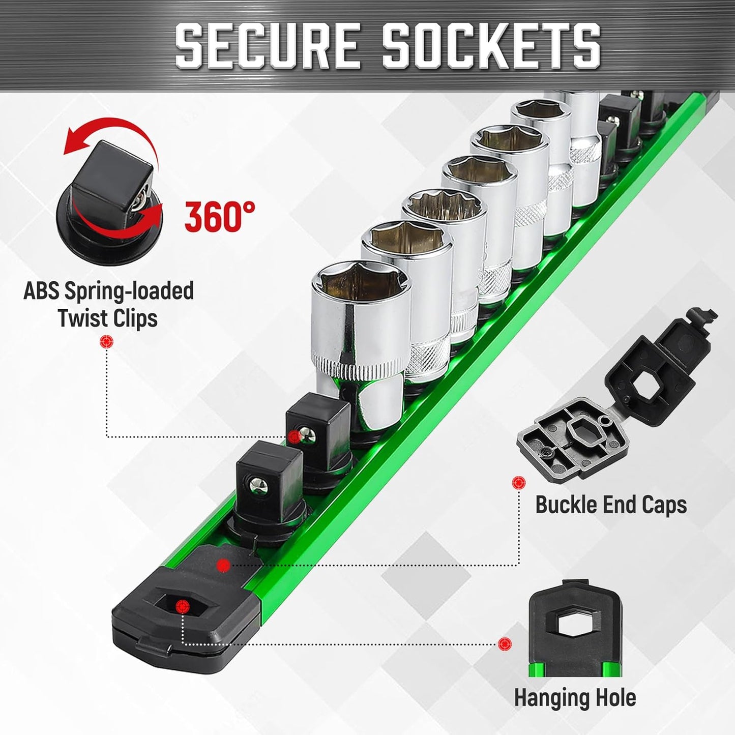 ALOANES 3-Piece Magnetic Socket Organizer, Heavy Duty Aluminum Socket Rails Organizer, 360° Swivel Clips Socket Holder Kit for Tool Box, 1/4-Inch Socket Holder x 42 Clips (Green)