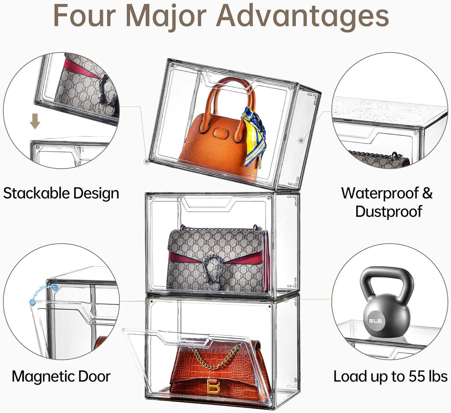 Purse Organizer for Closet,Clear Acrylic Display Case for Handbag Organizer, Purse Storage Box with Magnetic Door, Dustproof Storage Bins for Book, Collectibles, Cosmetic (Grey, 5)