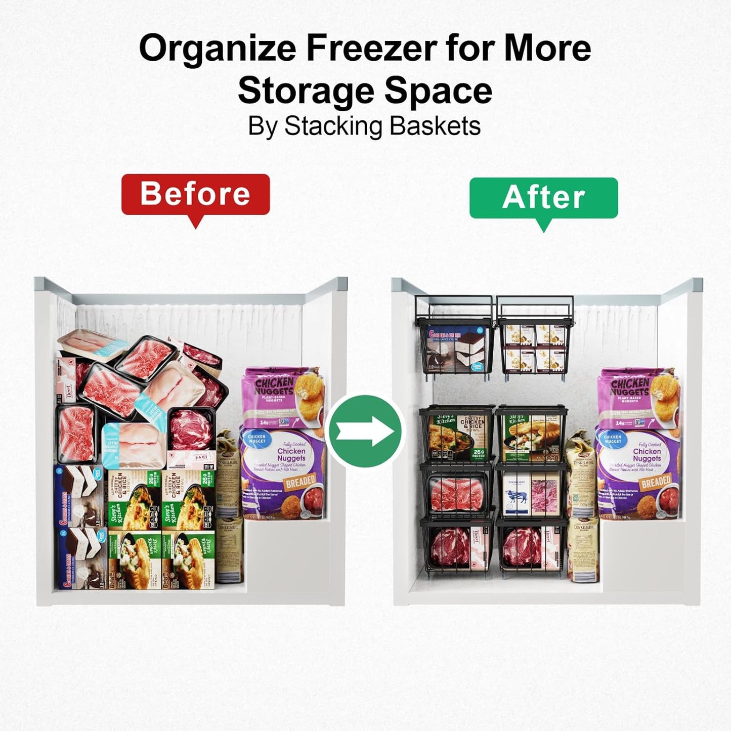 iSPECLE Freezer Organizer Bins - 3 Pcs Small Stackable Baskets & 1 Pcs Hanging Deep Freezer Organizer Bins for 7 Cu.Ft Chest Freezer Easily Gets Bottom Food, Adds Space to Store More Food, Black