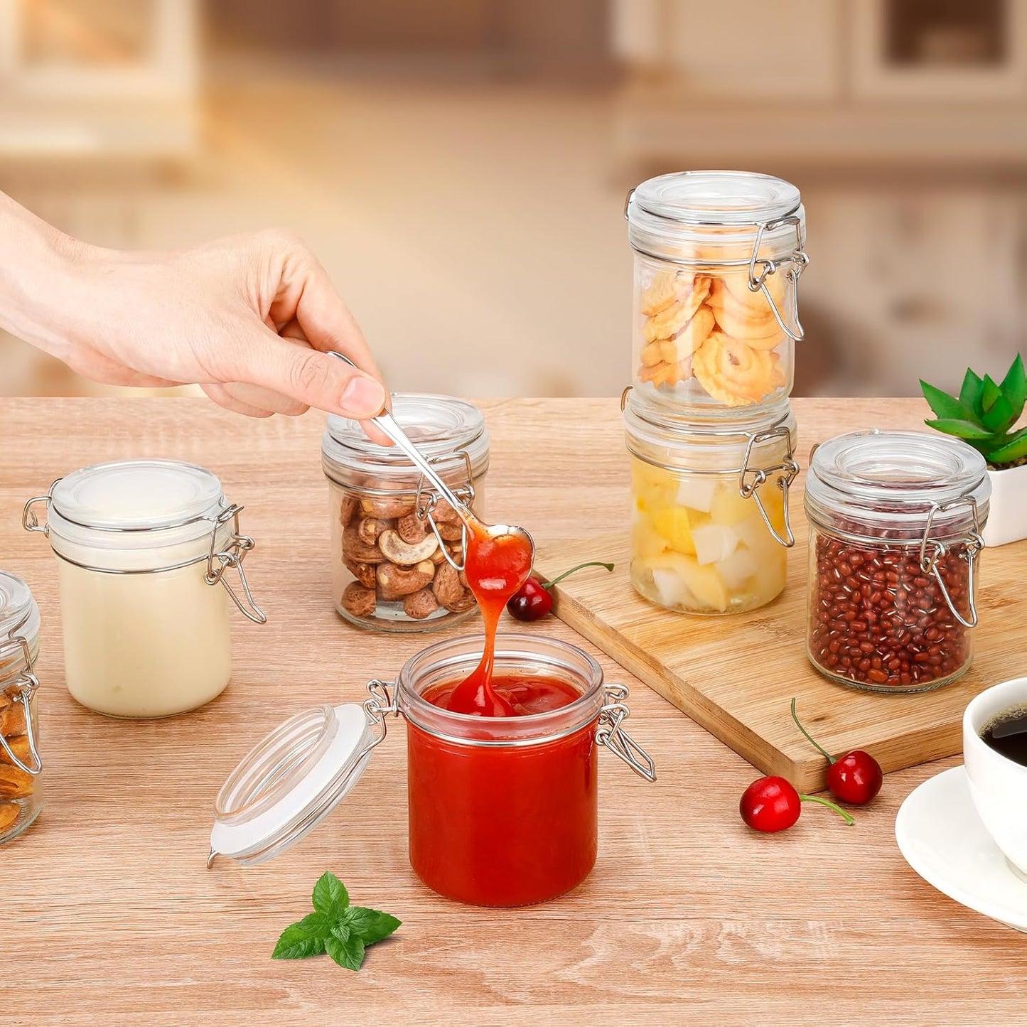 6 Pack Spice Jars, 8 oz Glass Containers with Airtight Lids, Small Herb Jars with Labels for Kitchen Storage