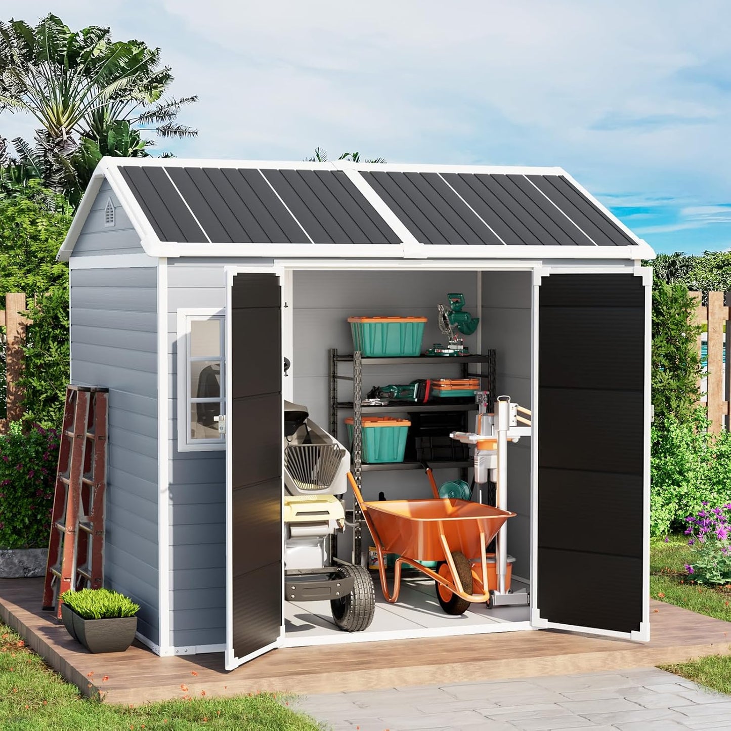 6x8 FT Plastic Storage Sheds Outdoor with Floor and Openable Window, Utility All-Weather Resin Shed Easy to Install, Large Sheds & Outdoor Storage/Tool Shed for Garden & Backyard, Gray