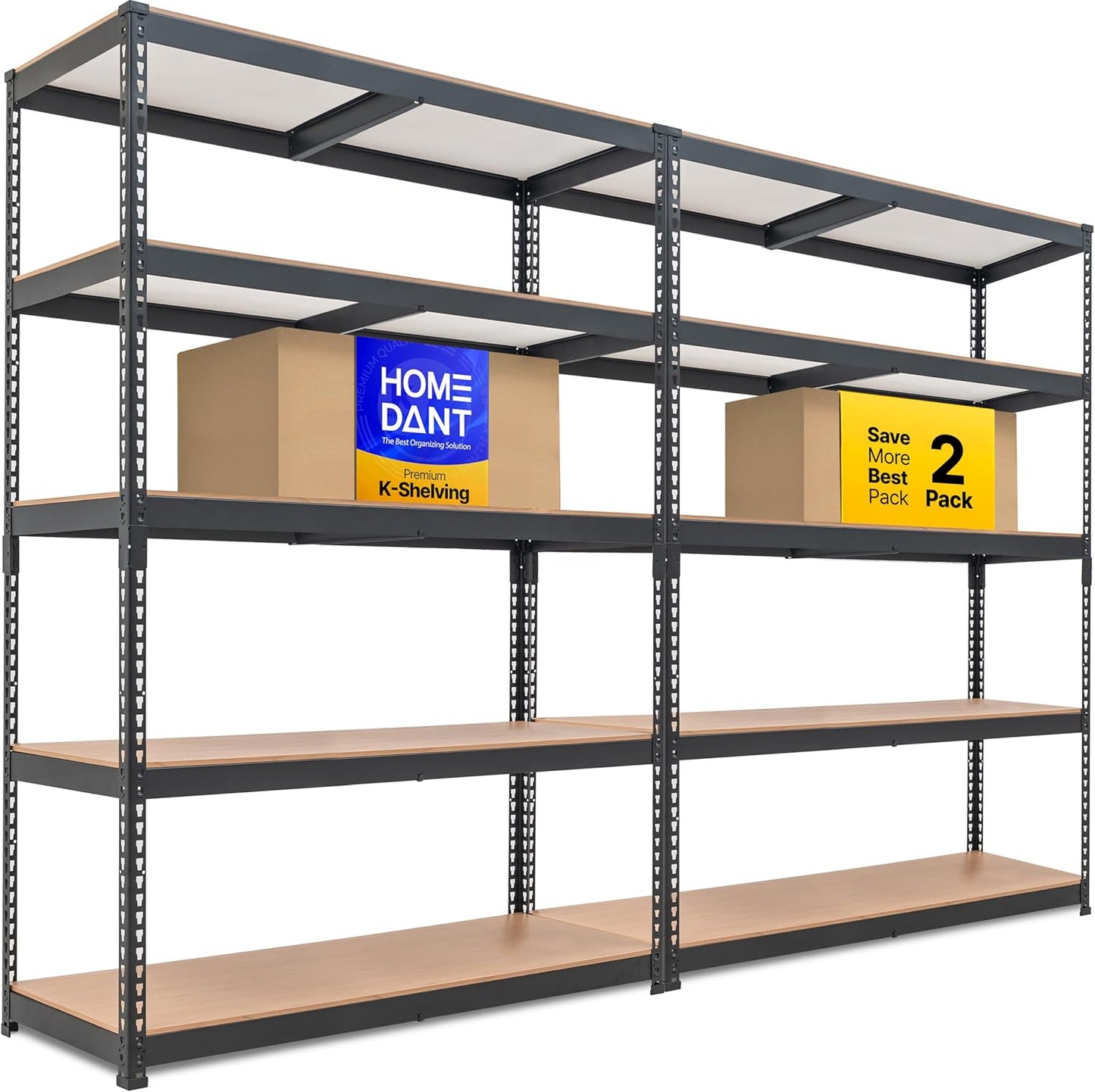 HOMEDANT 5 Tier Storage Shelves Adjustable Laminated Boltless Garage Metal Shelving Unit Heavy Duty Utility Rack Shelf Warehouse Pantry Closet Kitchen (2, (L) 48.1" W, Black)